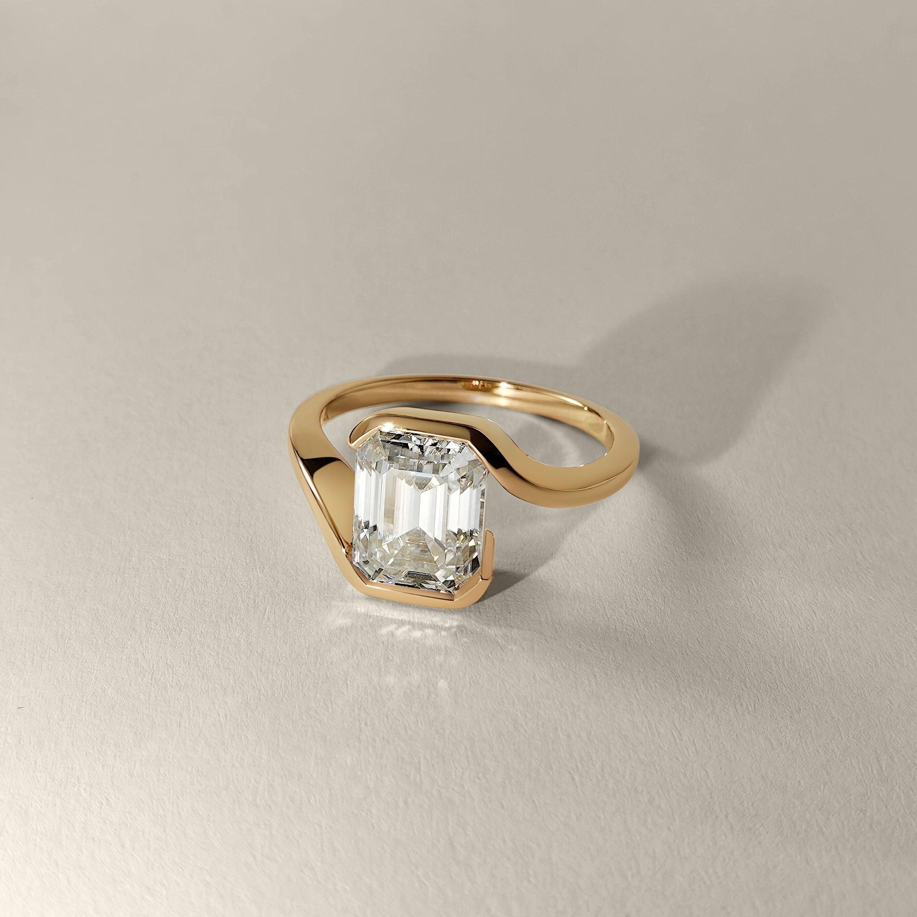 Selene Emerald Half Bezel Bypass Engagement Ring, Moissanite/Lab Diamond