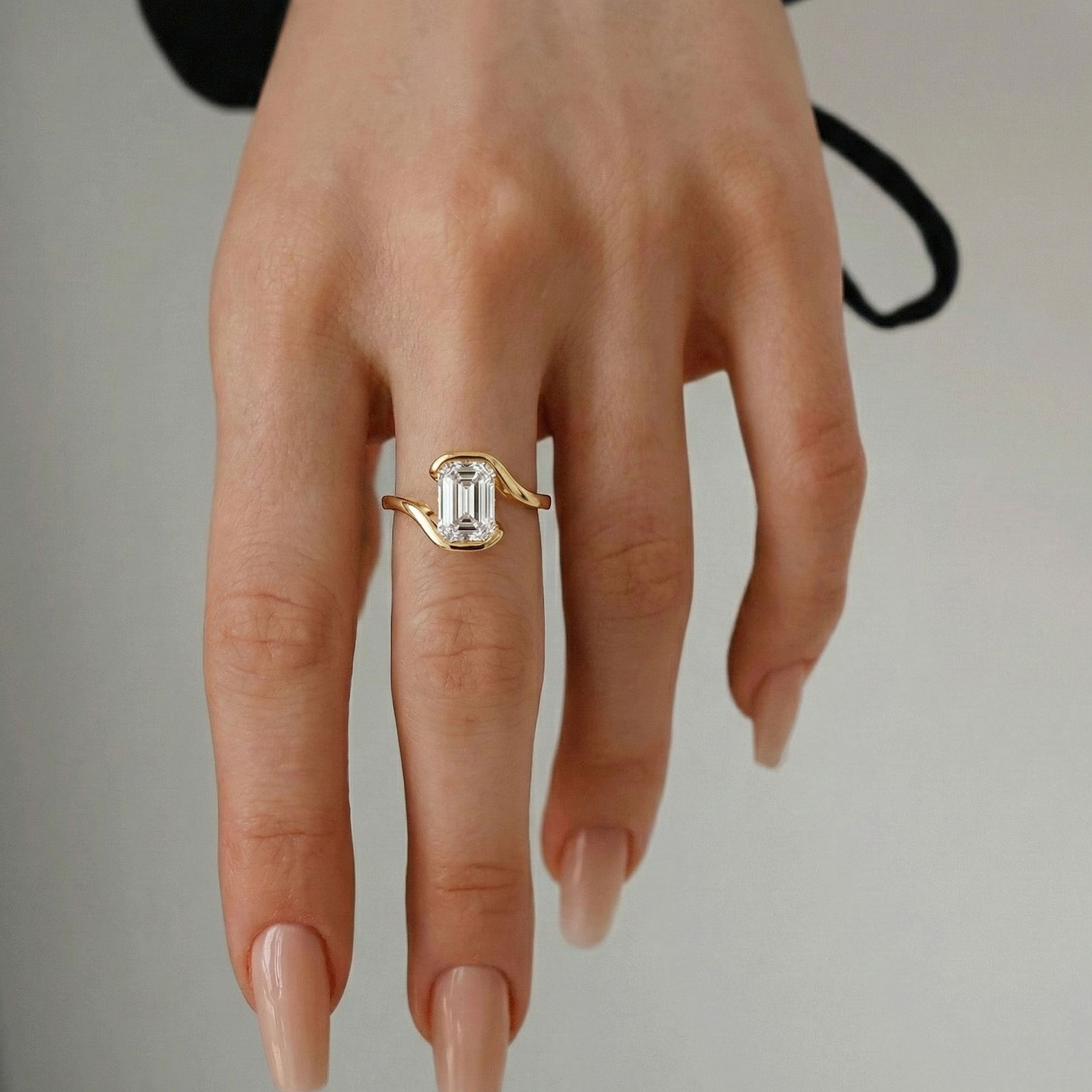 Selene Emerald Half Bezel Bypass Engagement Ring, Moissanite/Lab Diamond