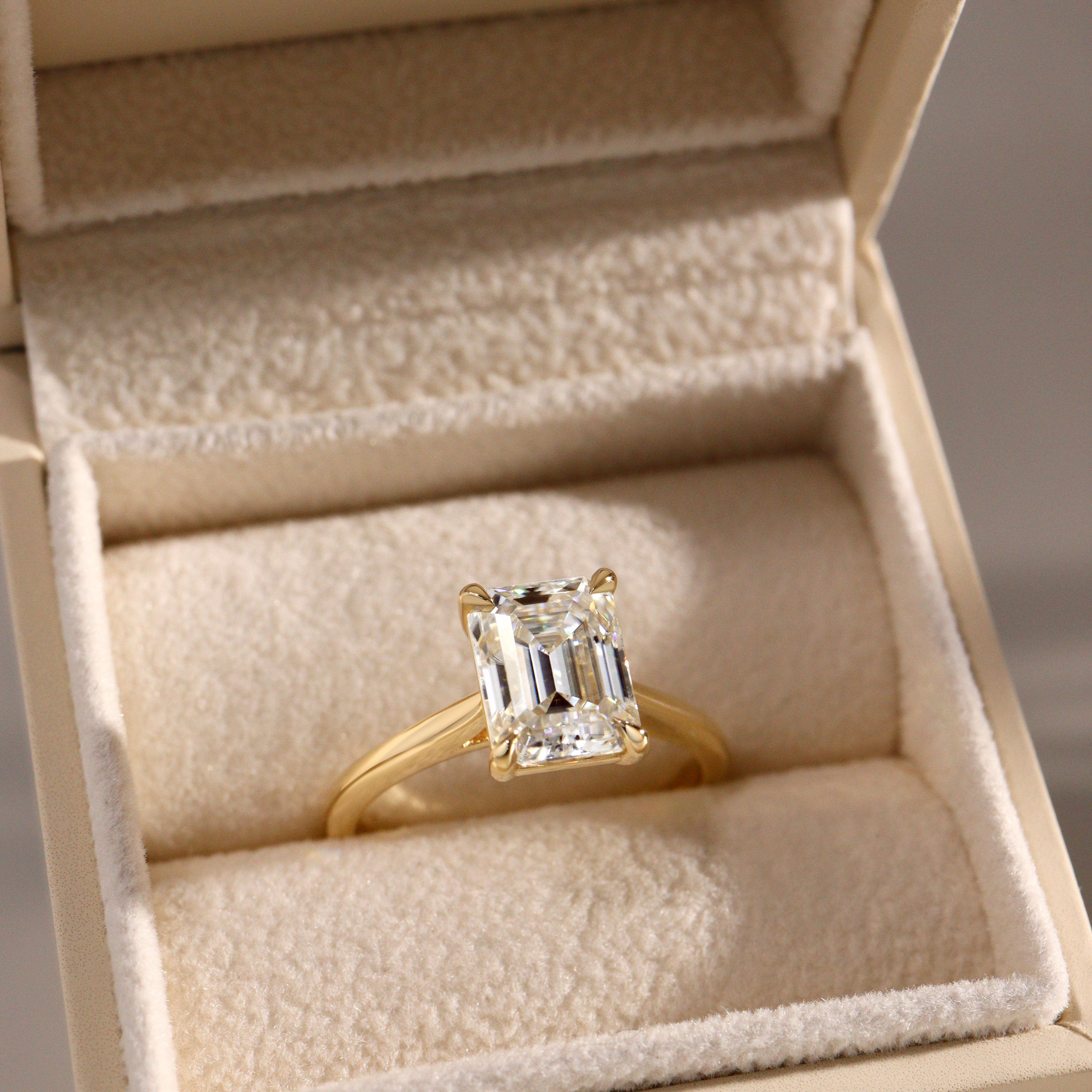 Ava Emerald Cut Solitaire Cathedral Engagement Ring, Moissanite/Lab Grown Diamond