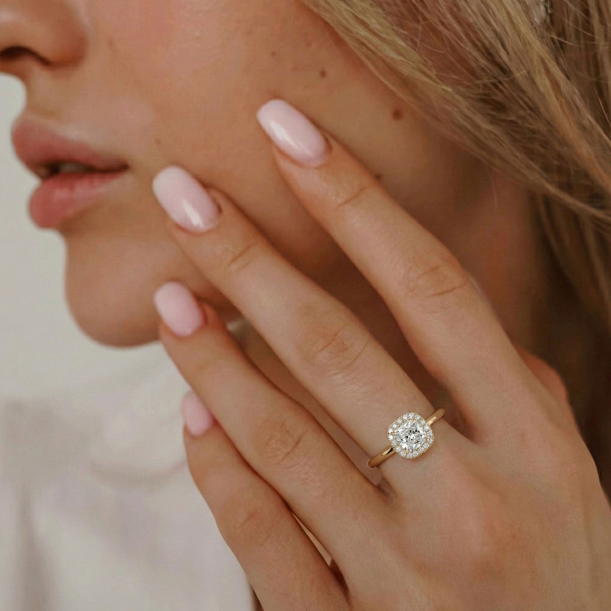 Clara Cushion Cut Forever Halo Cathedral Engagement Ring, Moissanite/Lab Grown Diamond