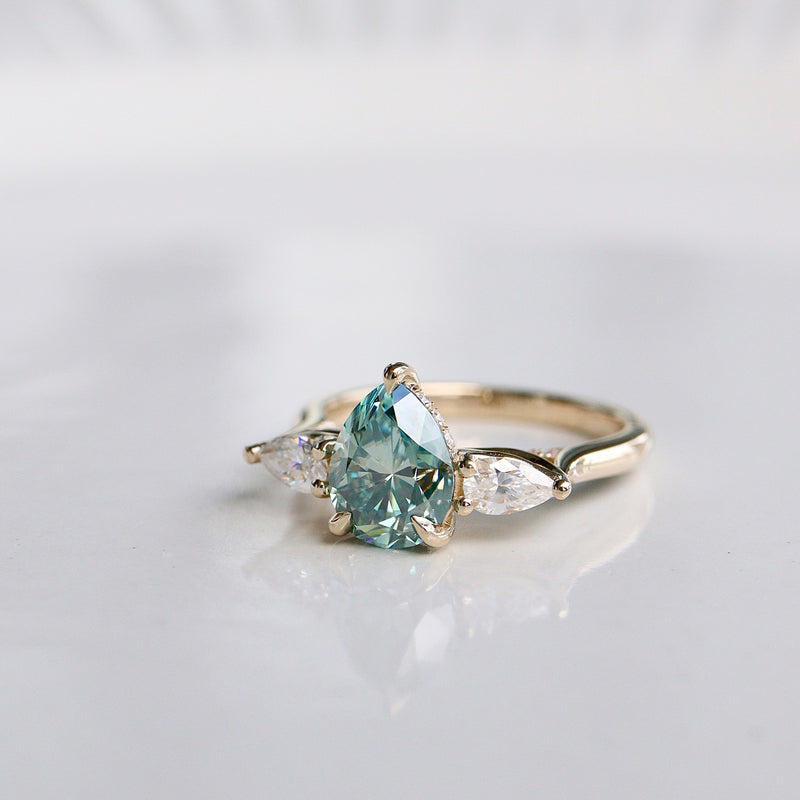 Purity Petal Hidden Halo Three Stone Engagement Ring, Cyan Green Moissanite