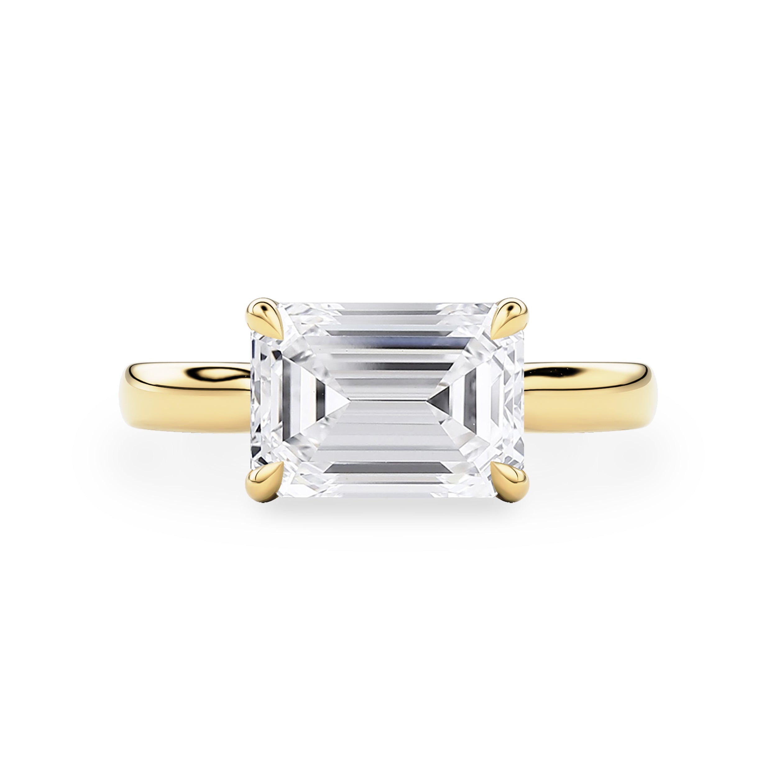 emerald cut diamond east west cathedral solitaire engagement ring in yellow gold