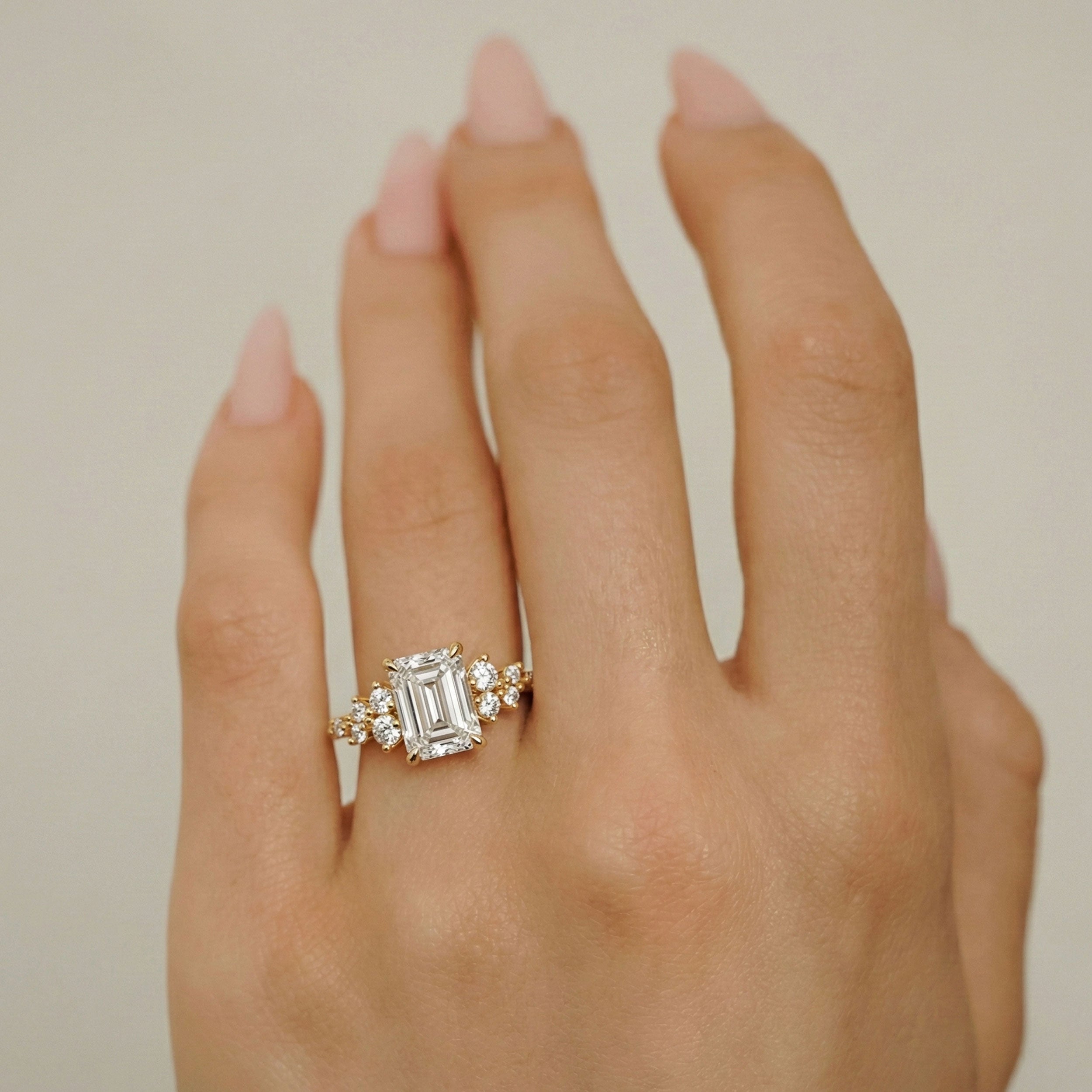 Elena Emerald Cut Cluster Engagement Ring, Moissanite/Lab Grown Diamond