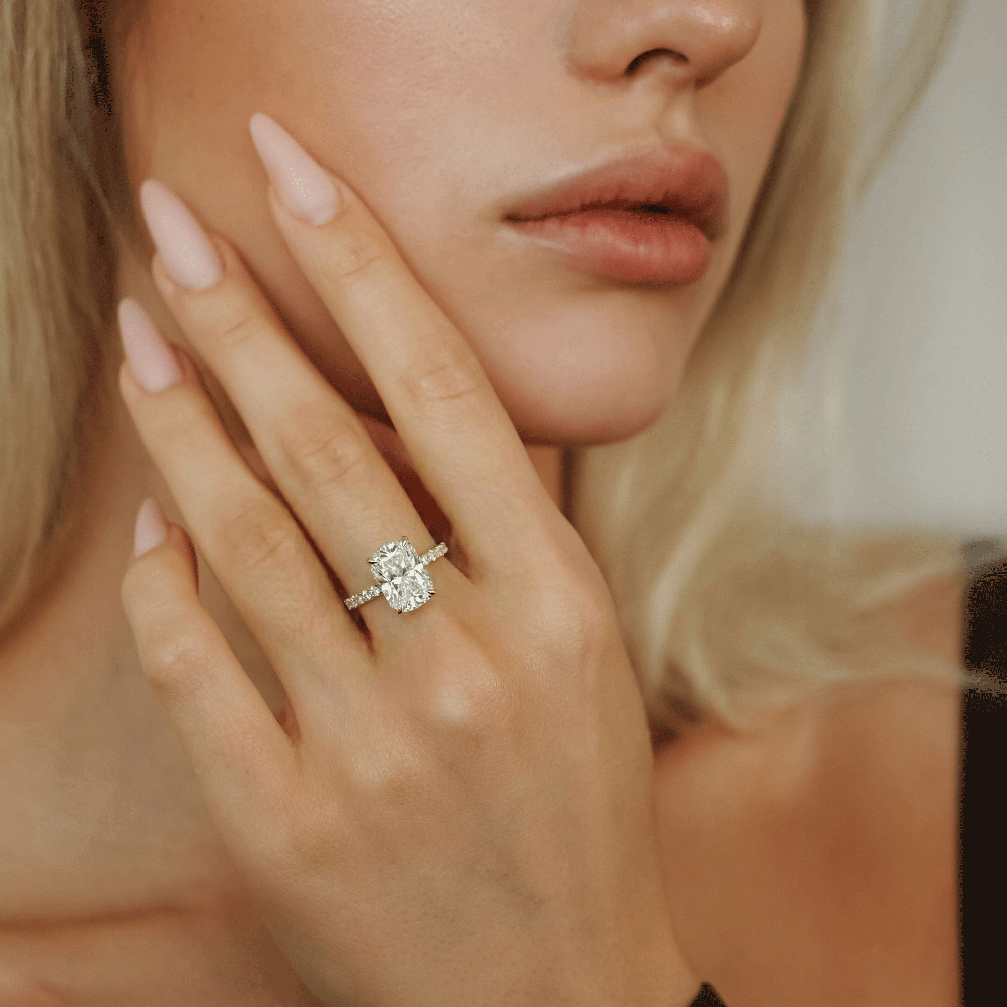 Riley Elongated Cushion Hidden Halo Engagement Ring, Cathedral w/ Pavé Band