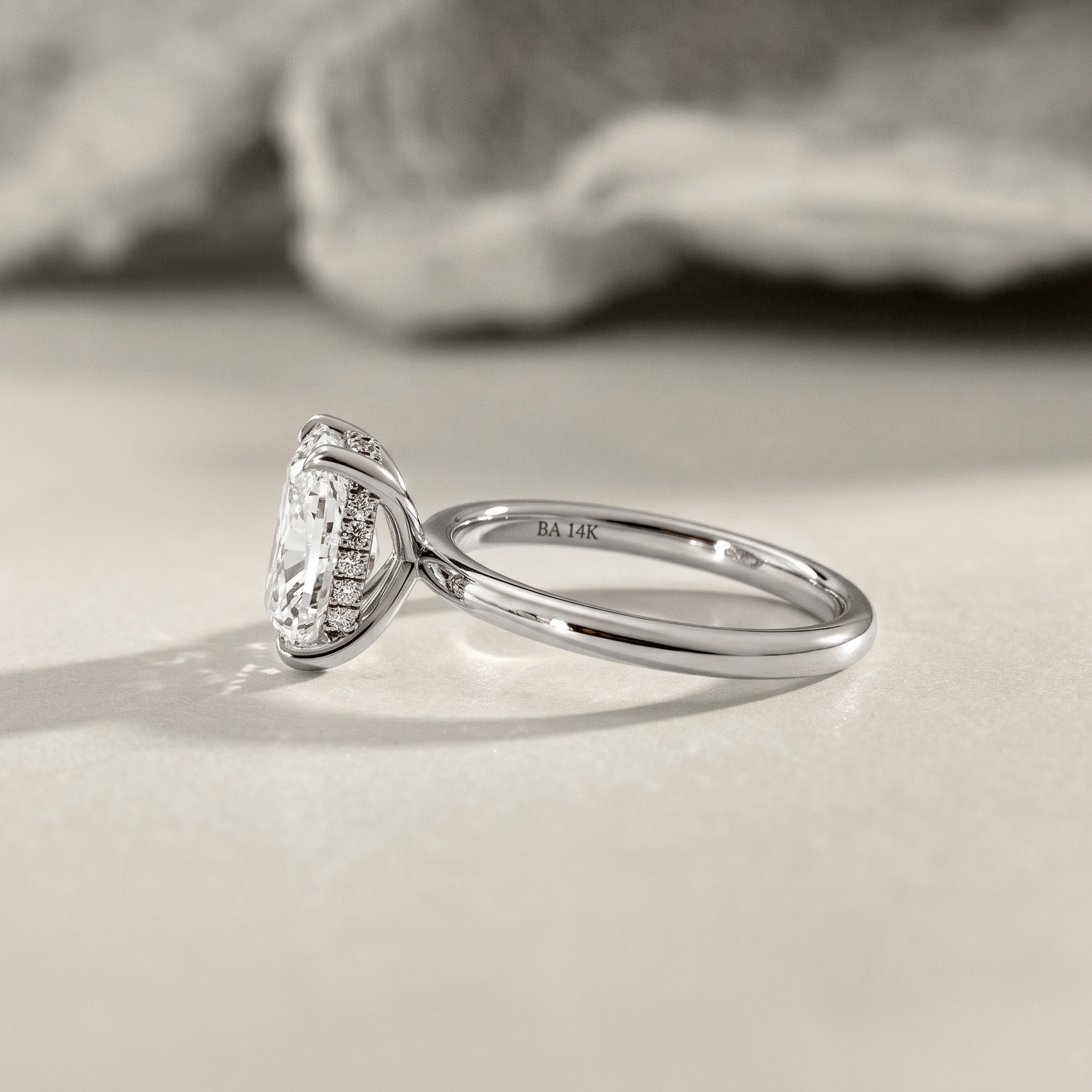 Chloe Elongated Cushion Cut Hidden Halo Engagement Ring, Moissanite/Lab Diamond