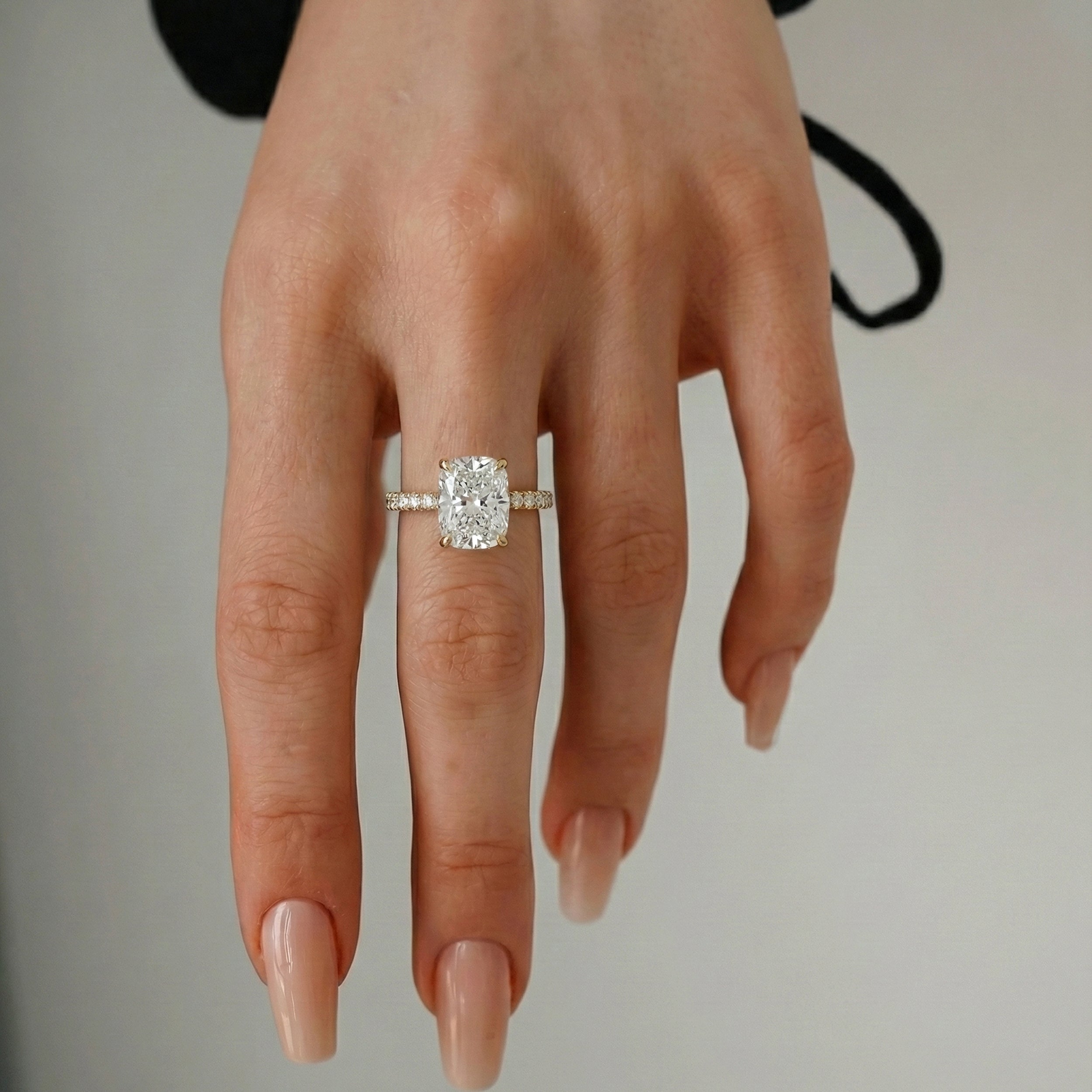 Riley Elongated Cushion Hidden Halo Engagement Ring, Cathedral w/ Pavé Band