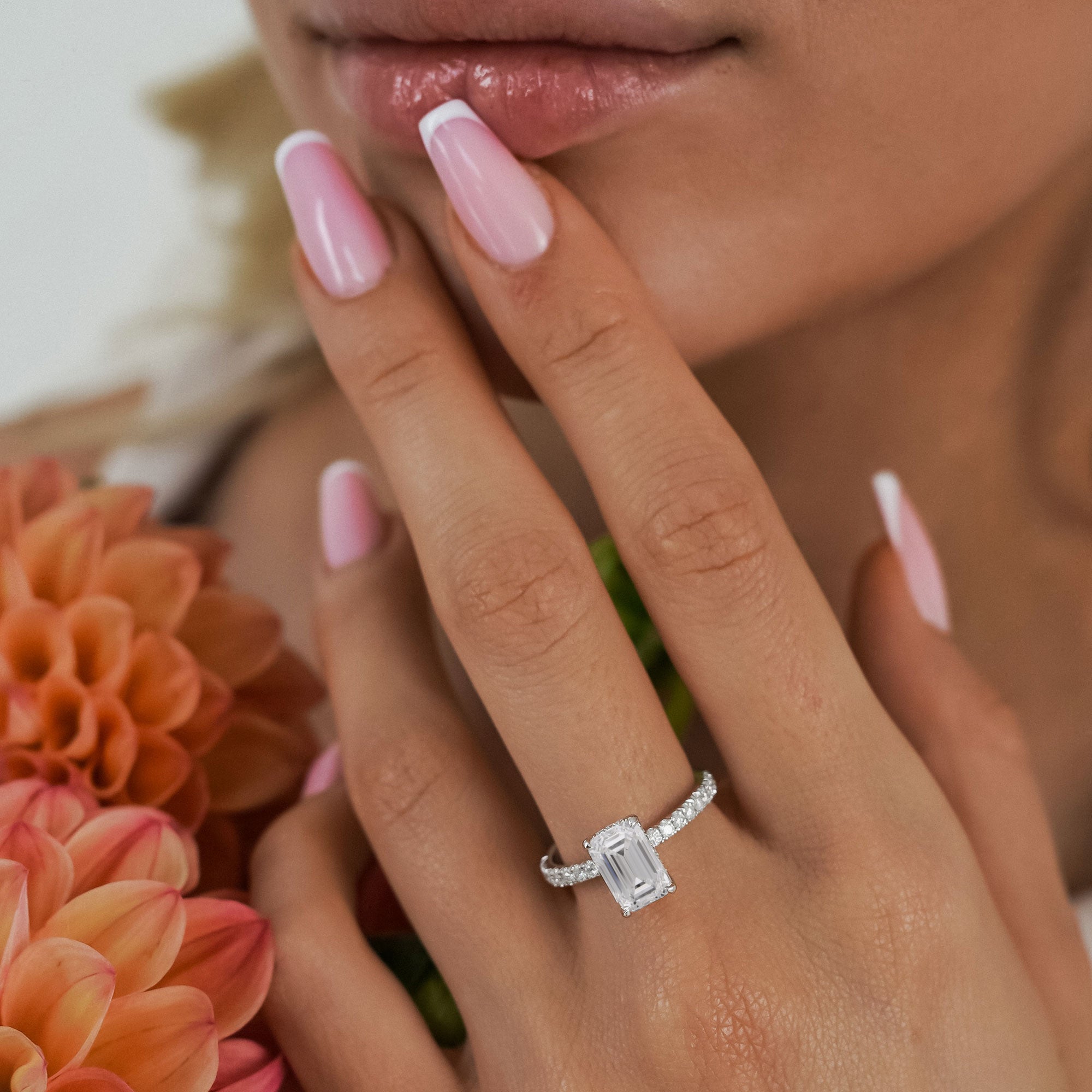 Riley Emerald Hidden Halo Engagement Ring, Moissanite/Lab Grown Diamond