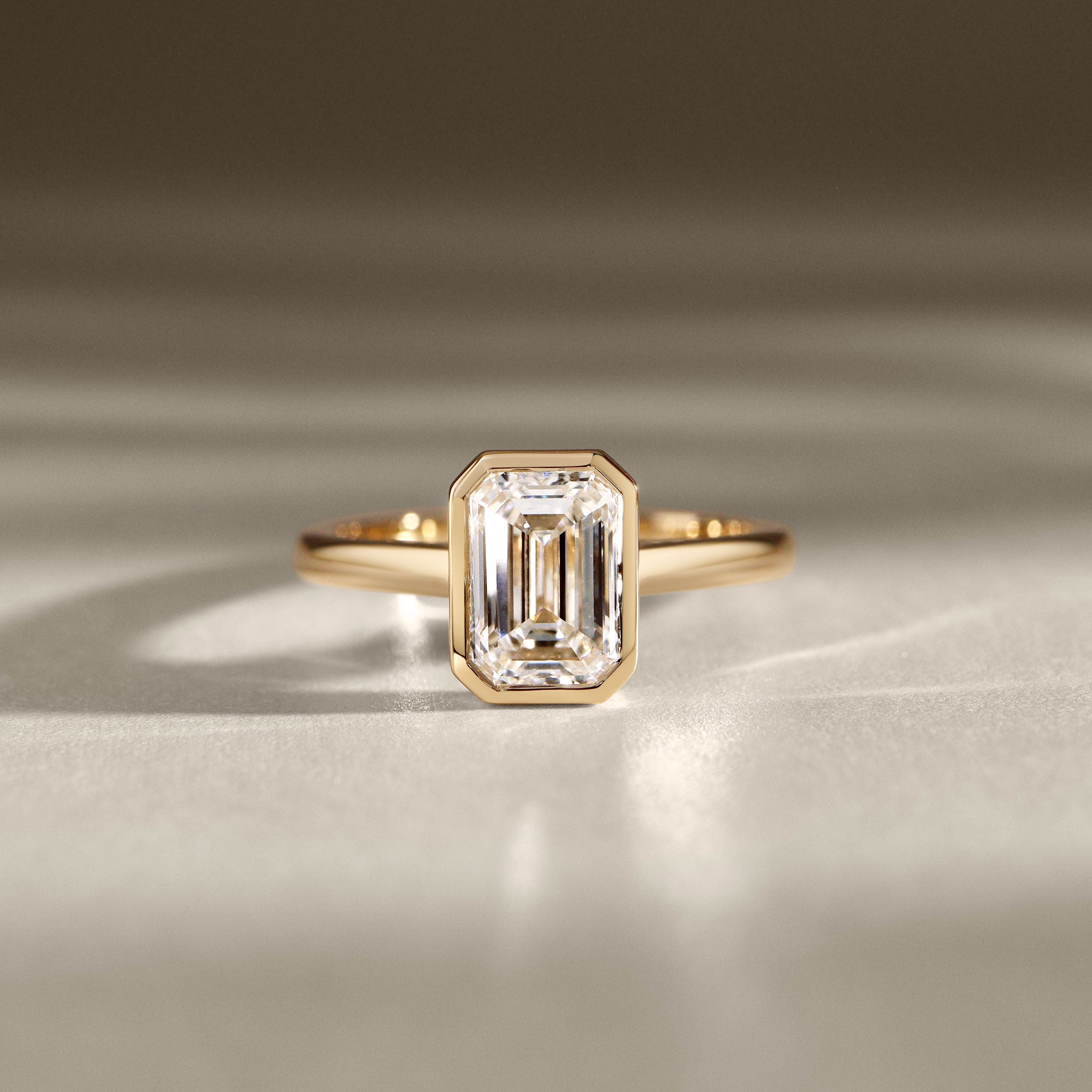 Carmen Emerald Full Bezel Engagement Ring, Moissanite/Lab Diamond