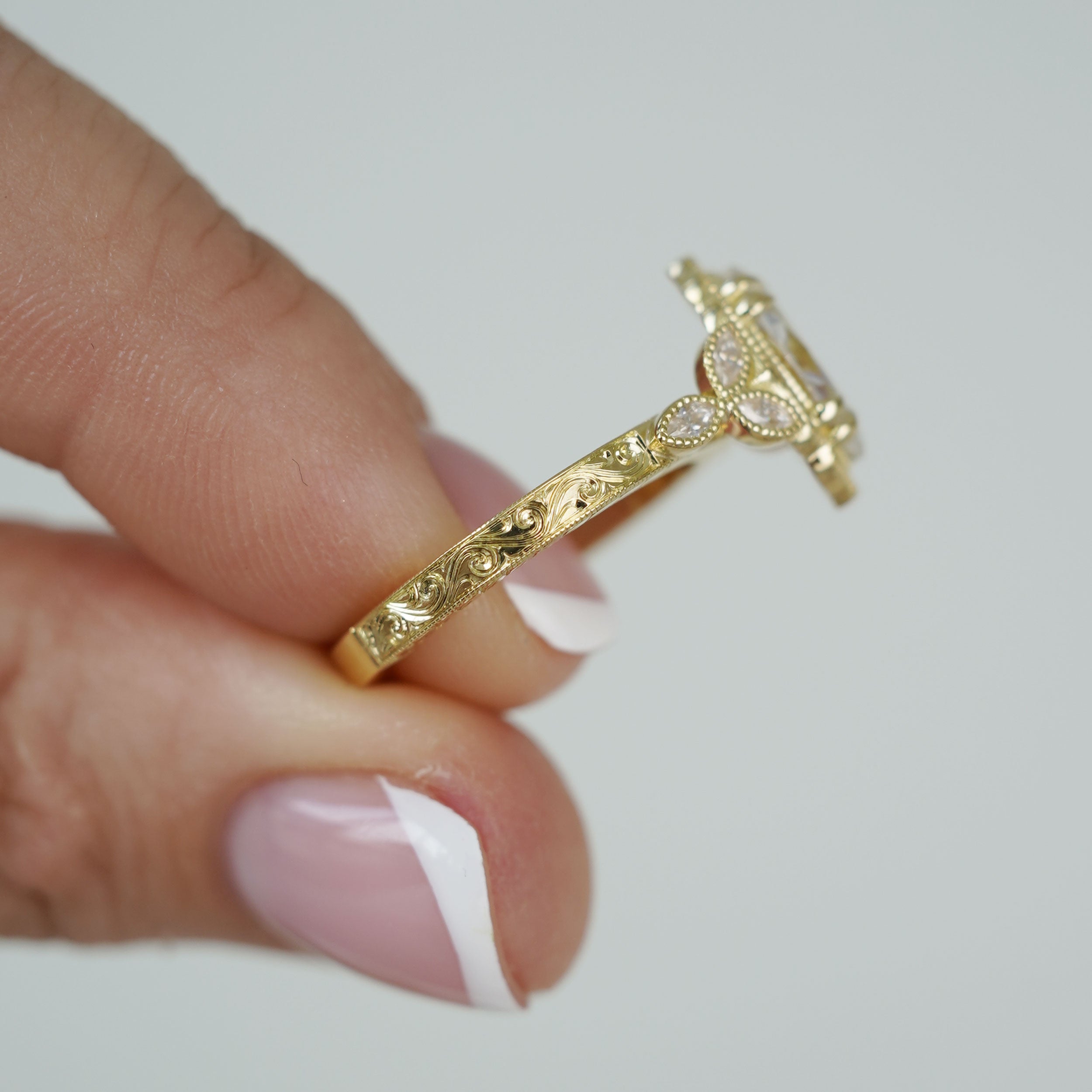 Bespoke #9168 - Custom Vintage Milgrain Marquise Engagement Ring, 3 Side Hand Engraving