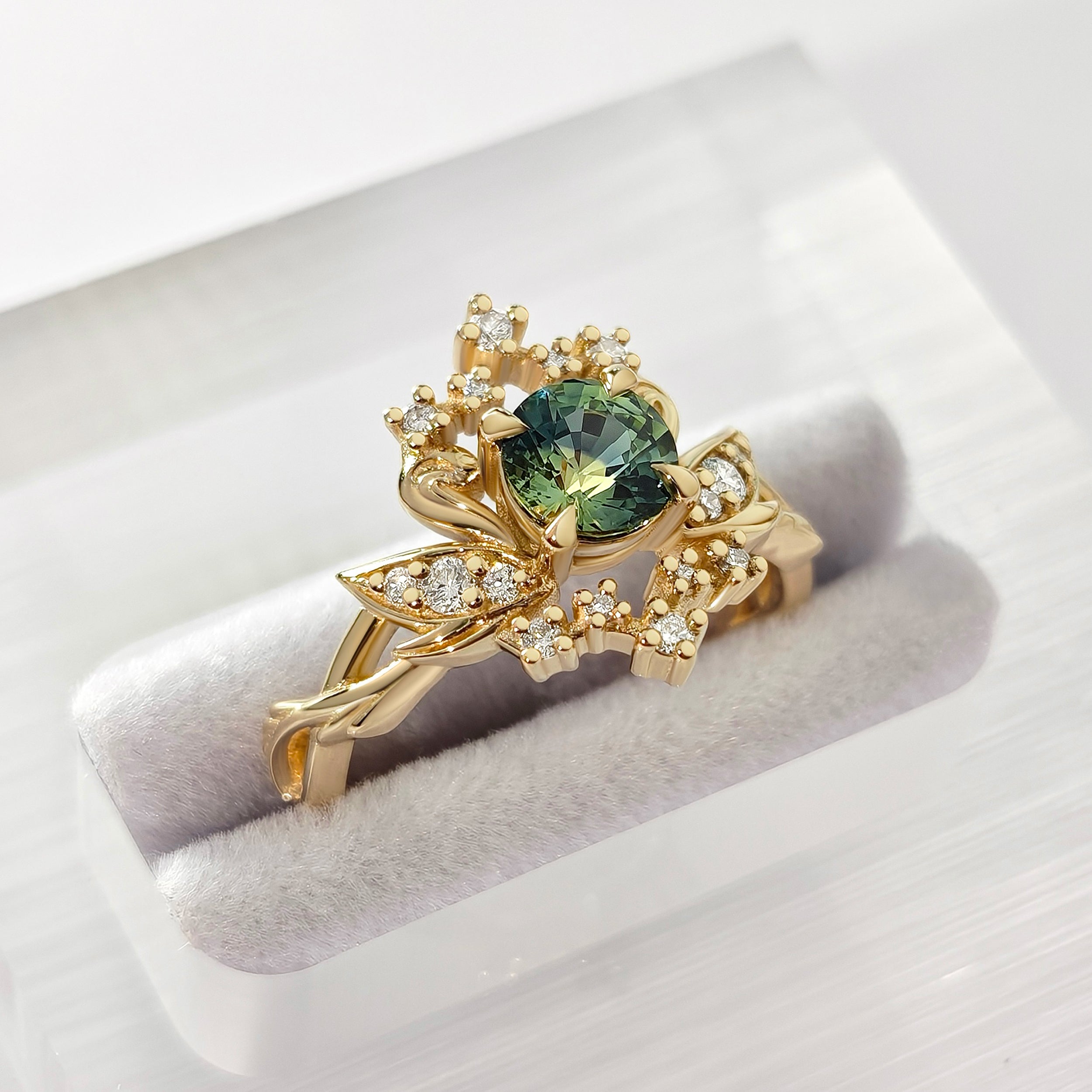 Magical Swan & Celestial Star Halo Engagement Ring, Sapphire/Moissanite