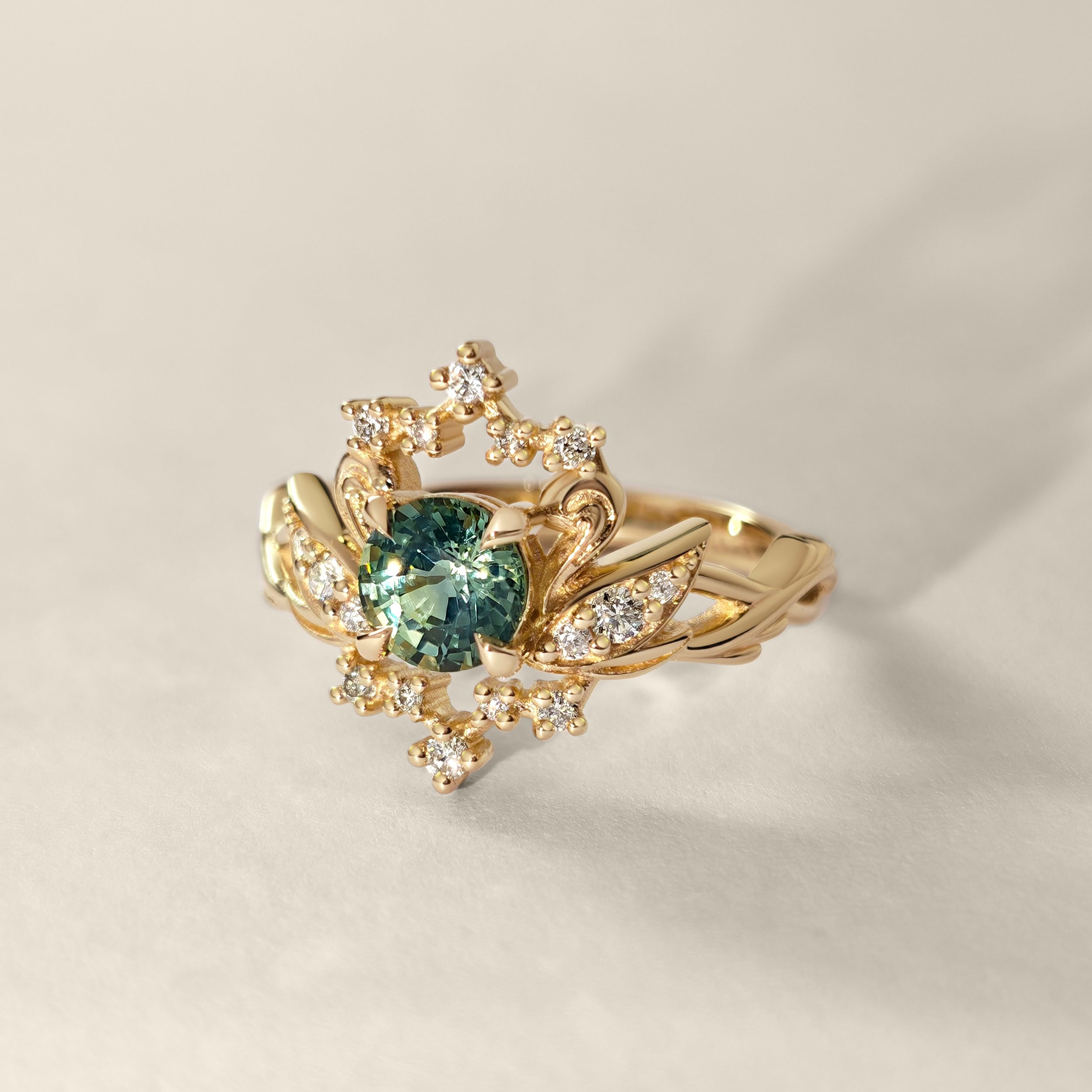Magical Swan & Celestial Star Halo Engagement Ring, Sapphire/Moissanite