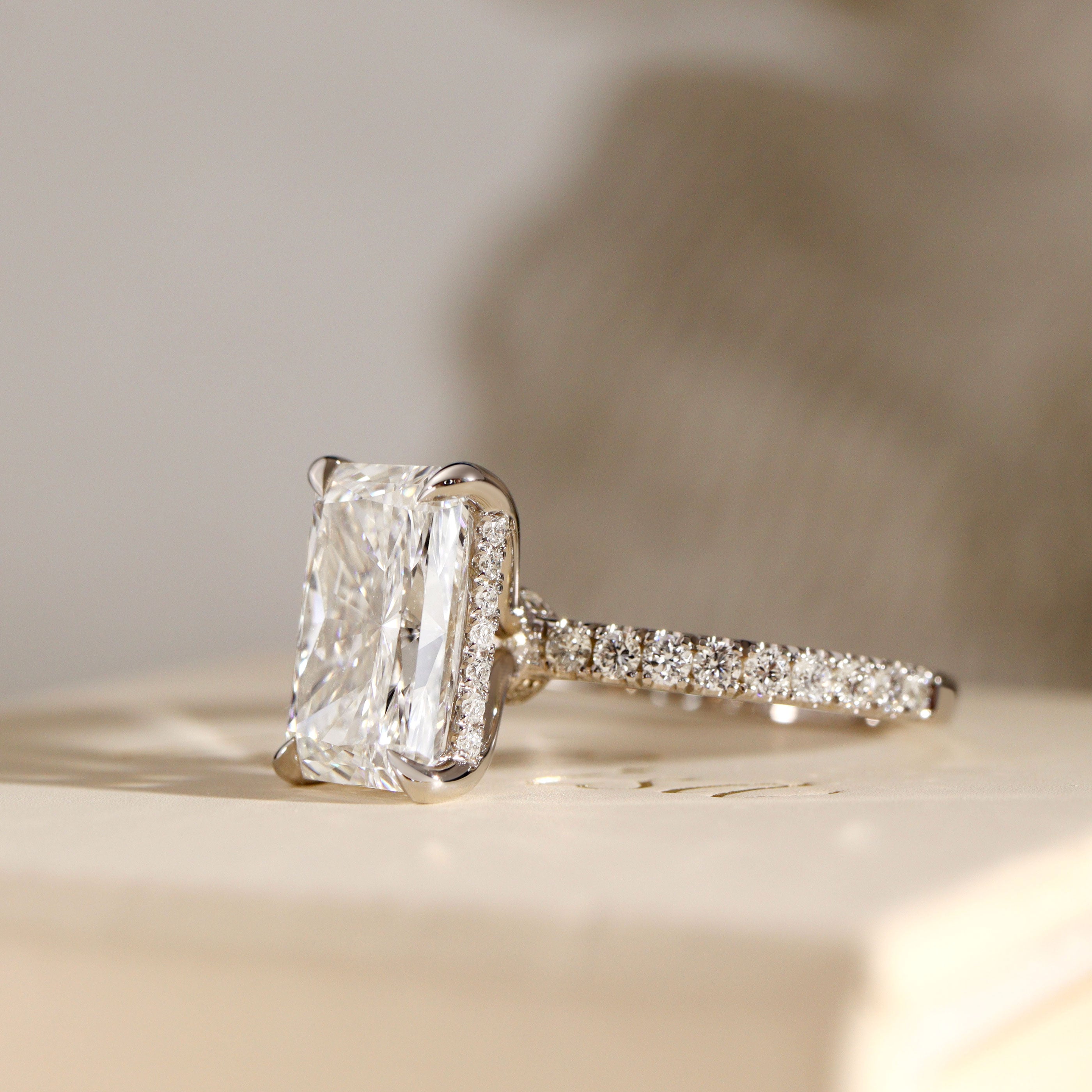 Lily Radiant Double Hidden Halo Engagement Ring, Moissanite/Lab Grown Diamond