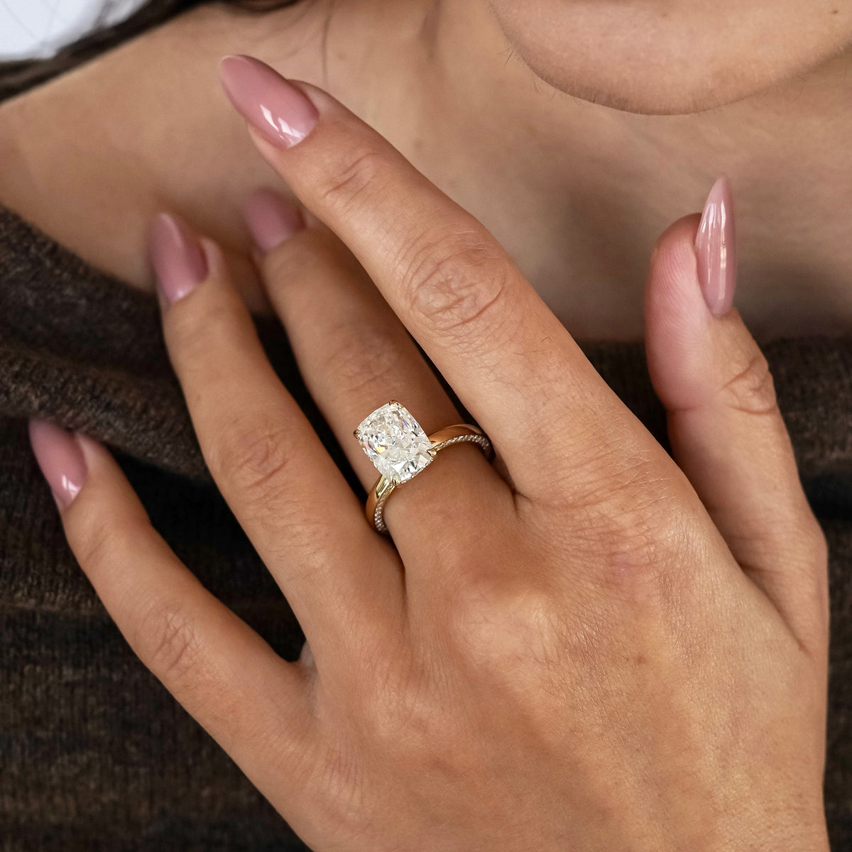 Serelle Elongated Cushion Cut Raised Hidden Halo Engagement Ring