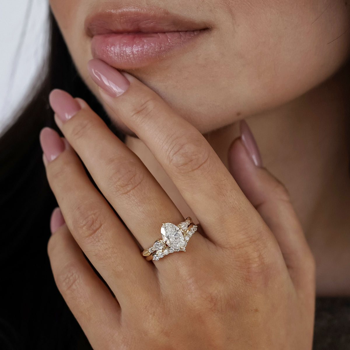 Madison Oval Cut Art Deco Leaf Band Engagement Ring, Compass Set