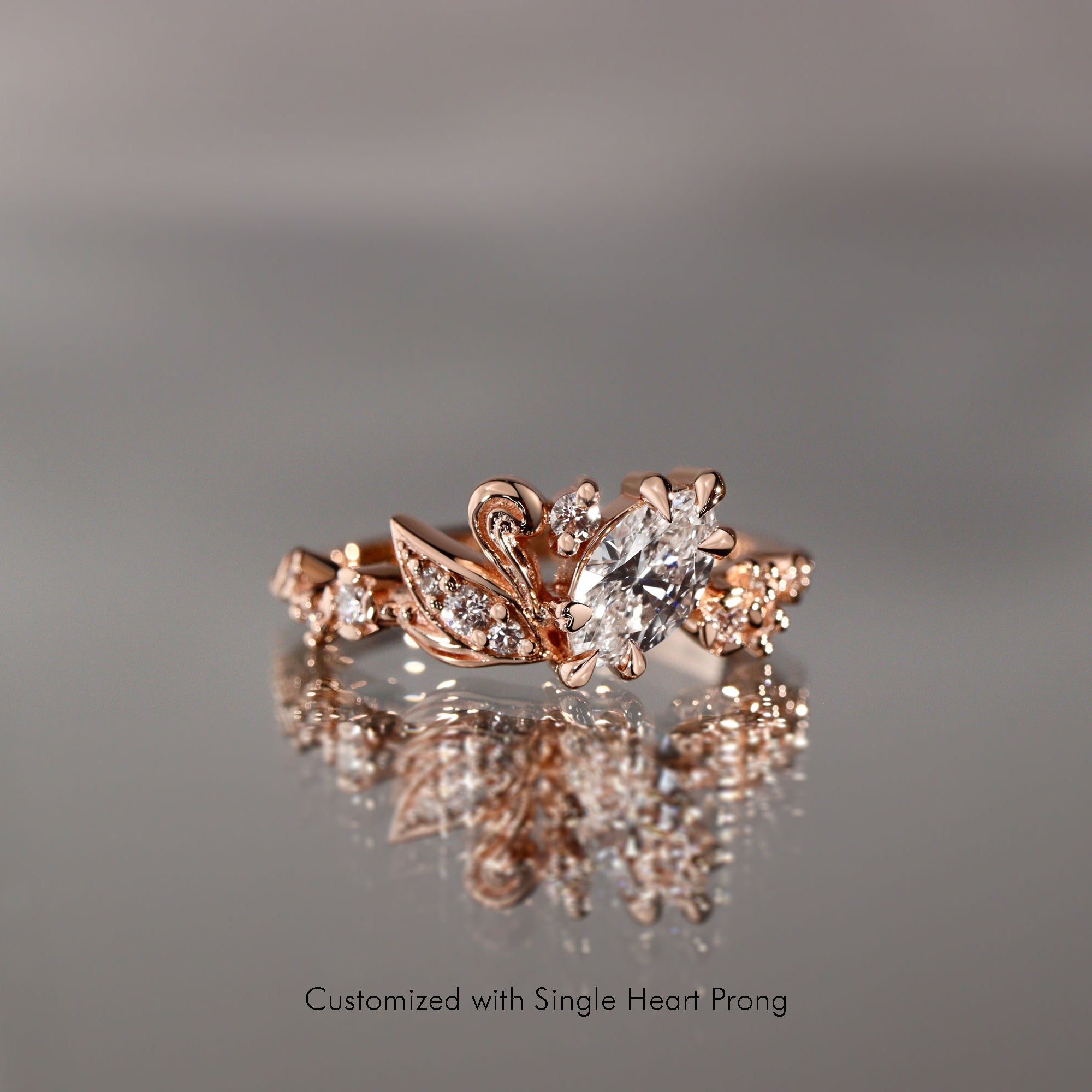 Marquise Love Swan Nature Inspired Engagement Ring, Marquise Cut With Single Swan