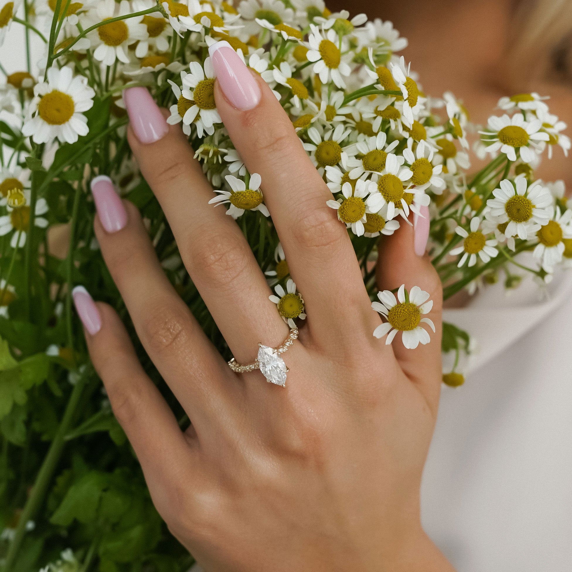 Aurora Marquise Cut Vine Pavé Prong Engagement Ring, Moissanite/Lab Grown Diamond