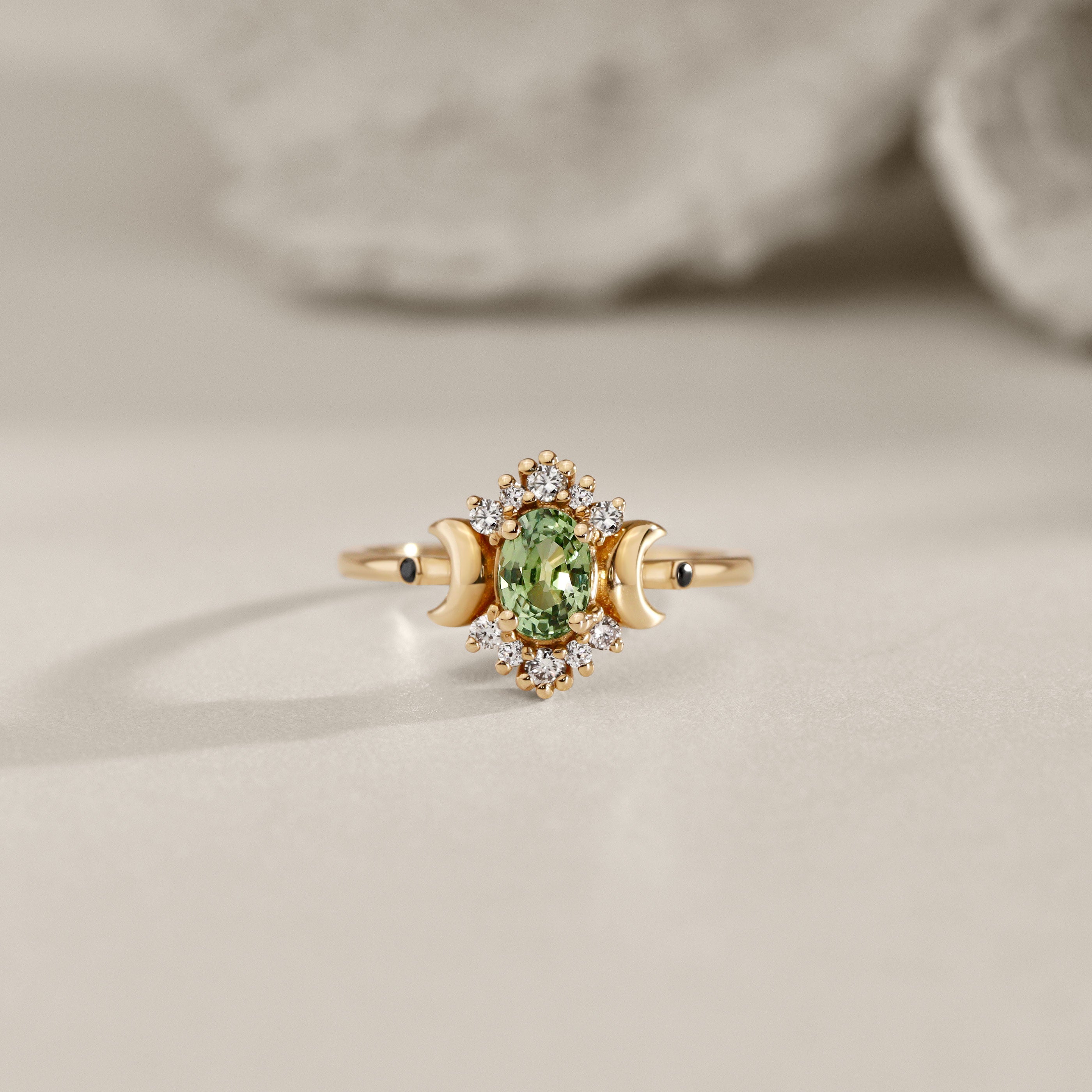 Endless Love Green Sapphire Moon Ring, Halo With Doom Moon