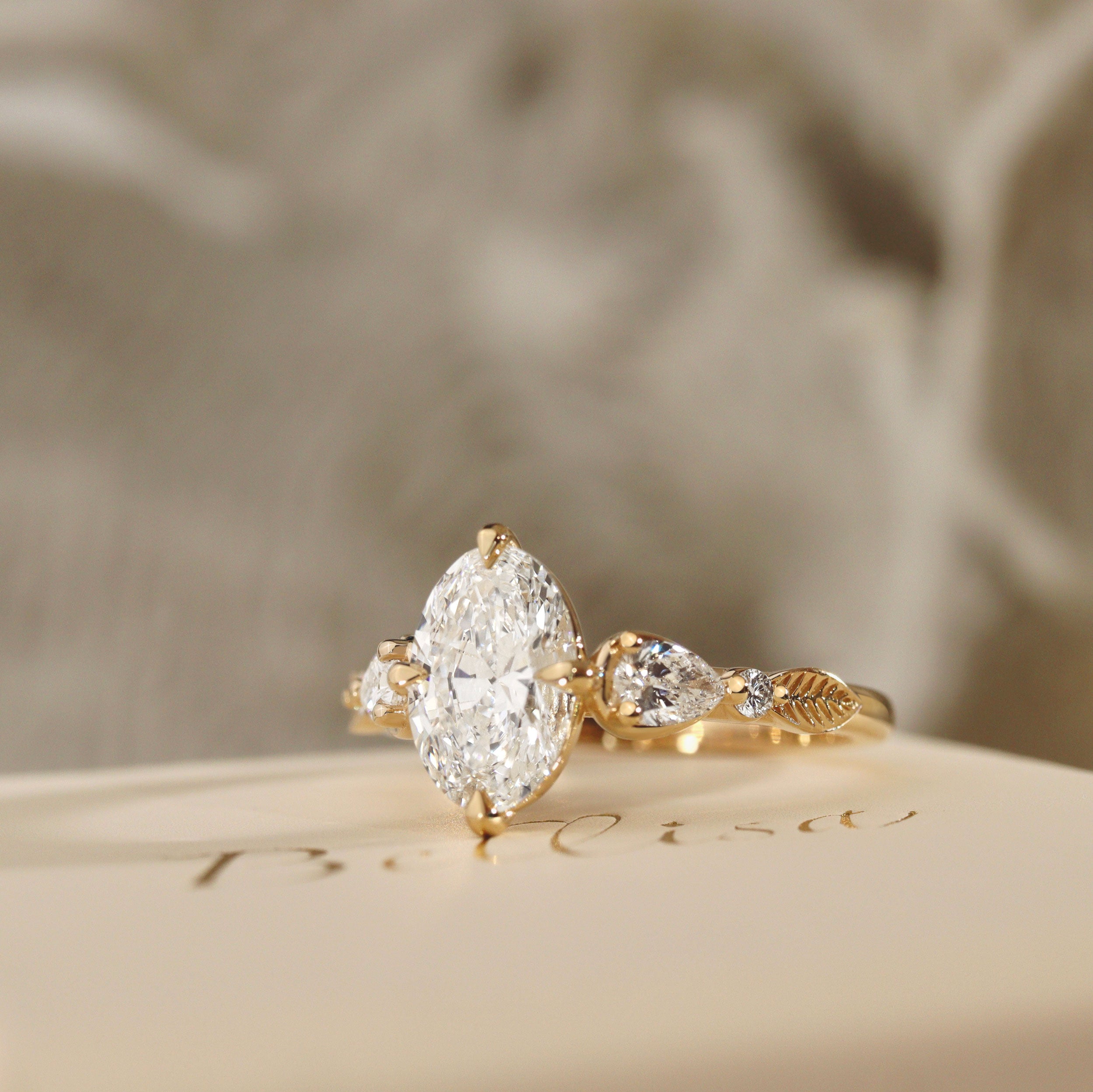 Madison Oval Art Deco Leaf Engagement Ring, Compass Set