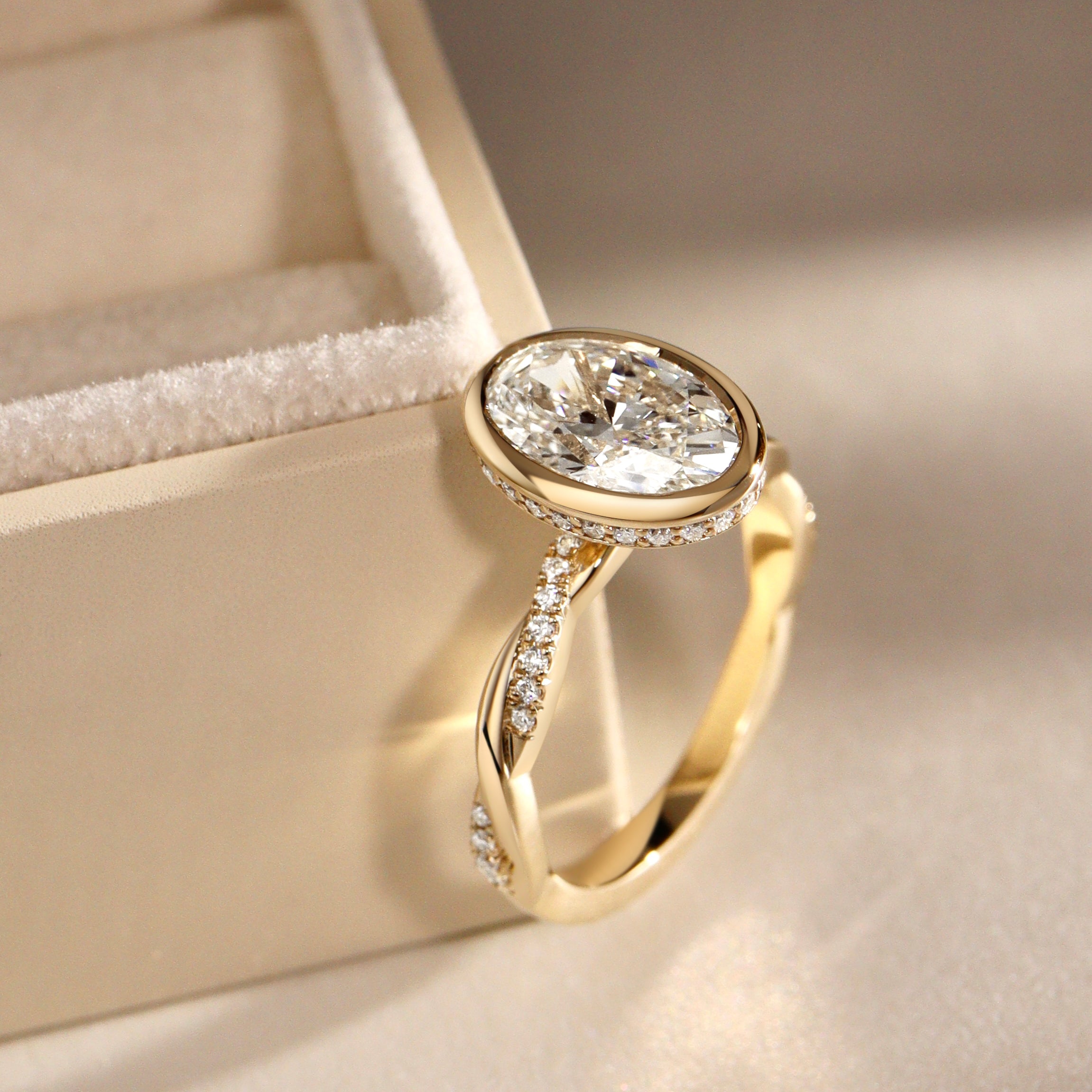 Bespoke #9176 - Customize Bezel Julia Engagement Ring, 2ct Oval Lab Grown Diamond