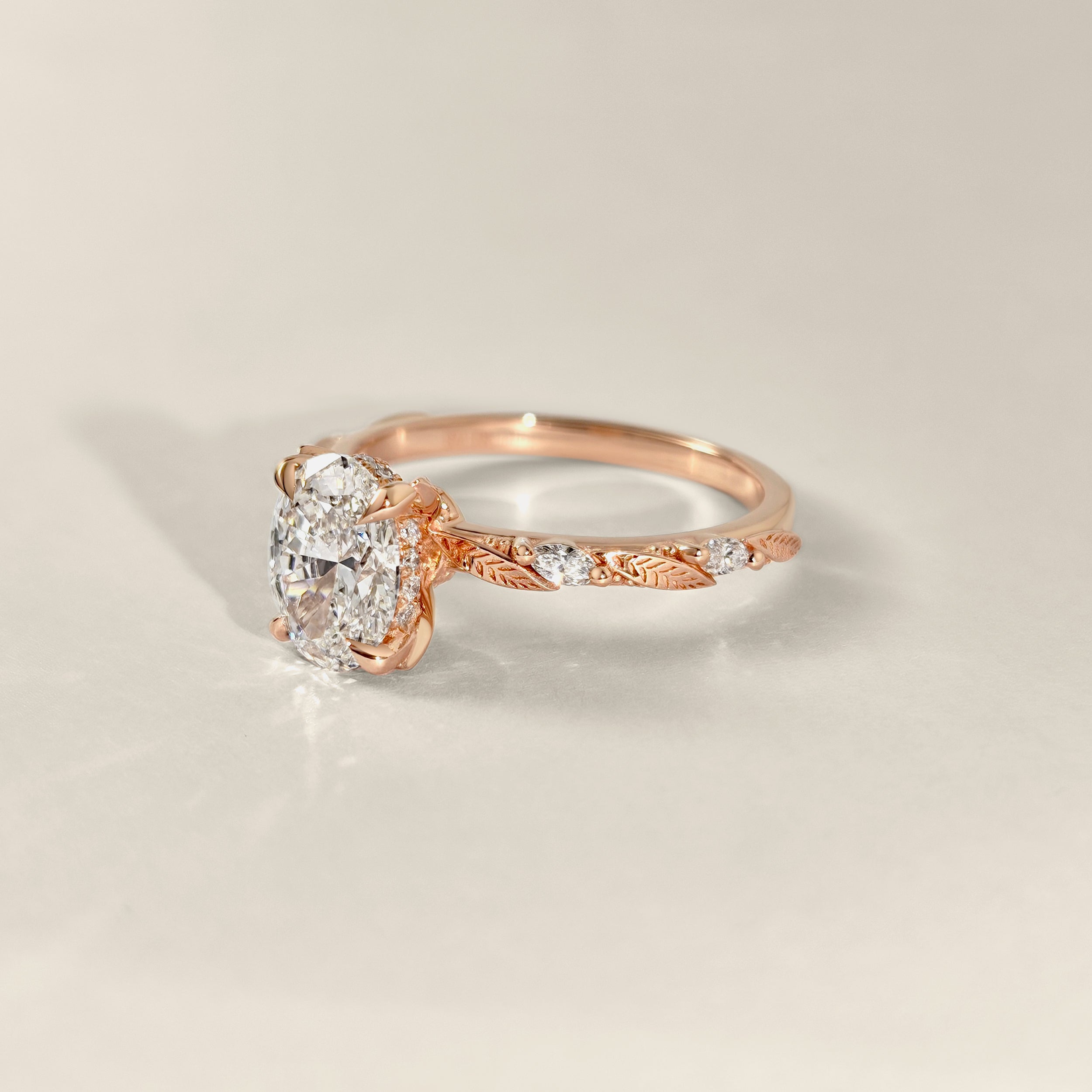 Brooke Oval Leaf Prong Hidden Halo Engagement Ring, Marquise Leaf Band