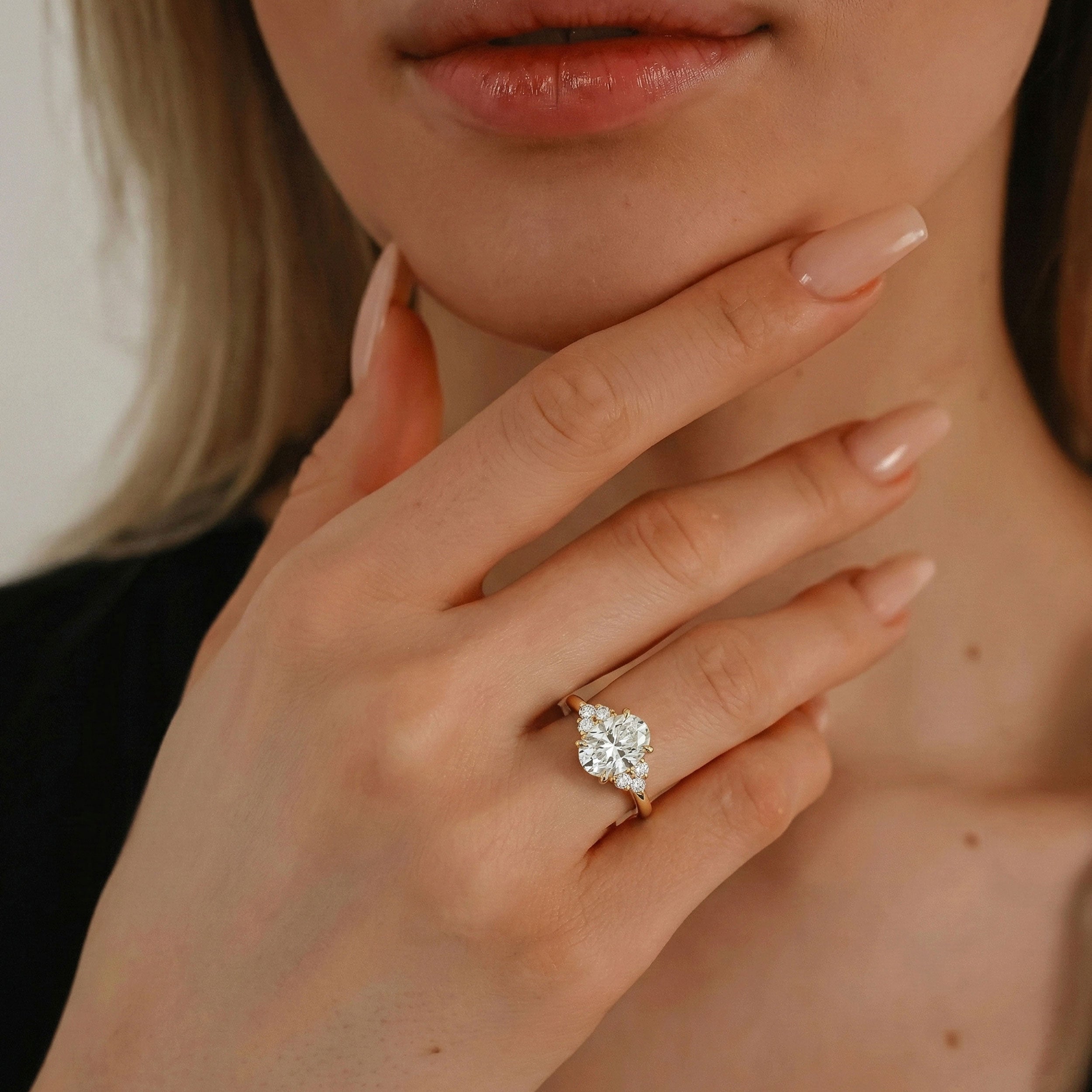 Jasper Oval Cut Cluster Engagement Ring, Moissanite/Lab Grown Diamond