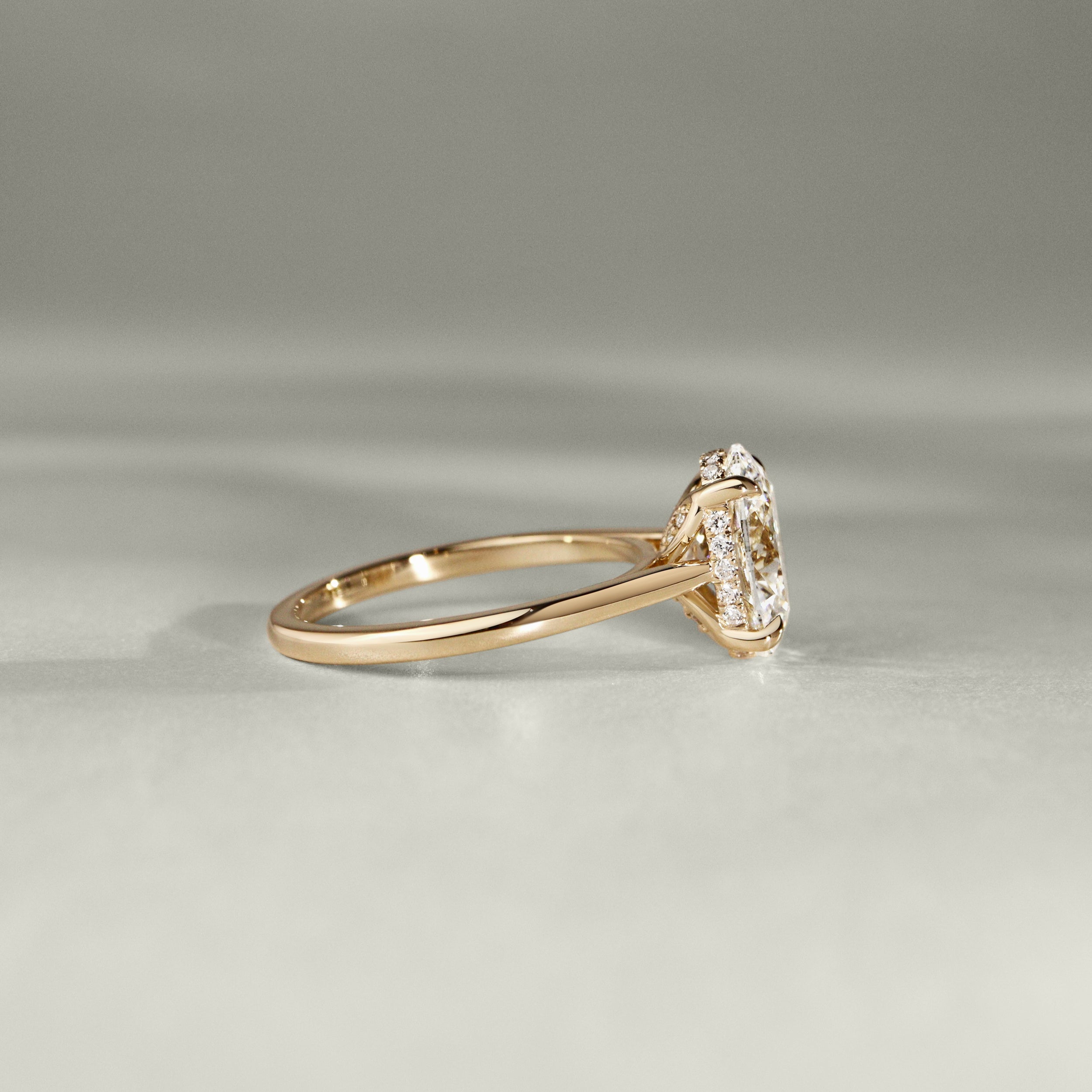 Rosalie Oval Hidden Halo Cathedral Engagement Ring, with Petal Basket
