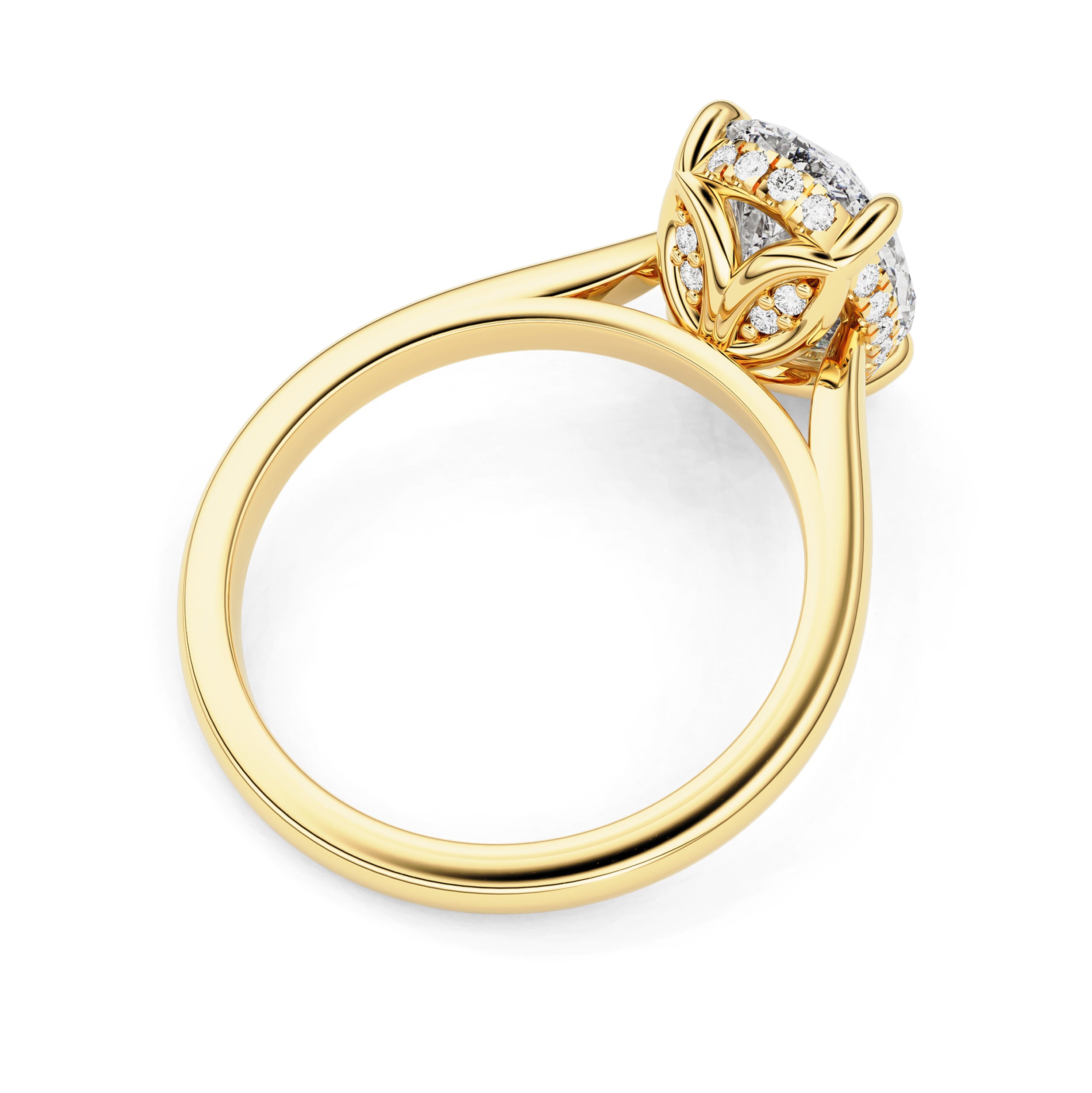 Rosalie Oval Hidden Halo Cathedral Engagement Ring, with Petal Basket