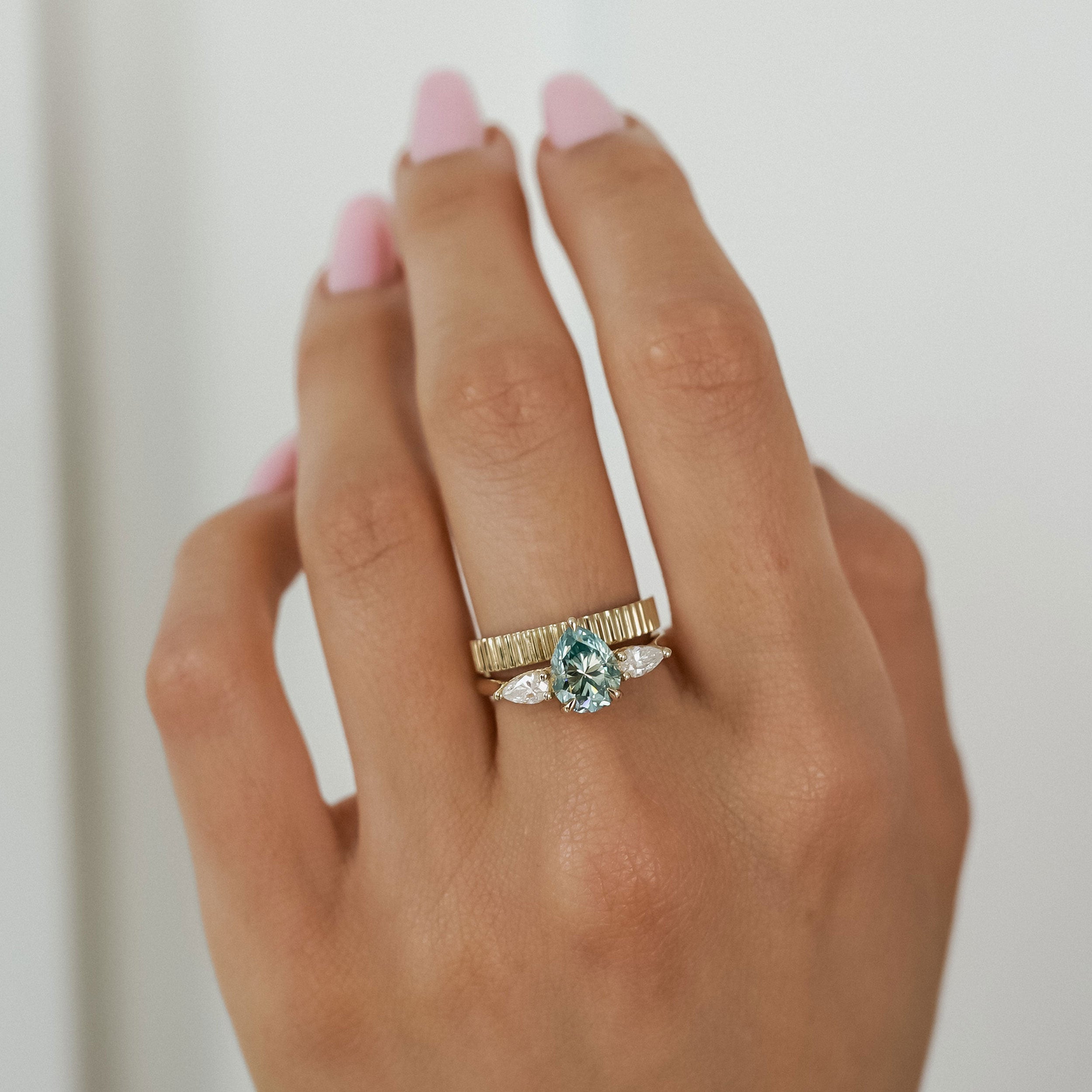 Purity Petal Hidden Halo Three Stone Engagement Ring, Cyan Green Moissanite