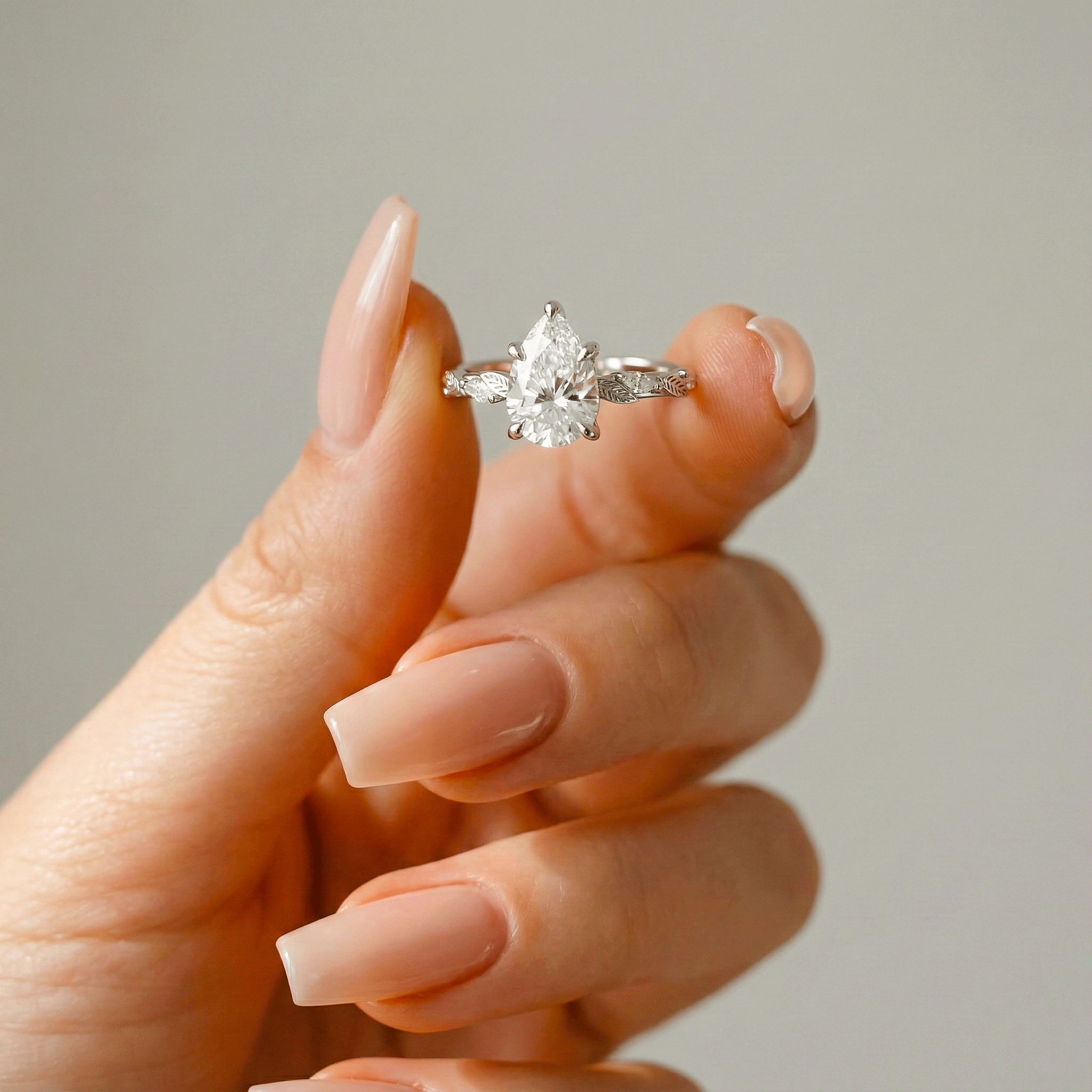 Brooke Pear Cut Leaf Hidden Halo Engagement Ring, Moissanite/Lab Grown Diamond