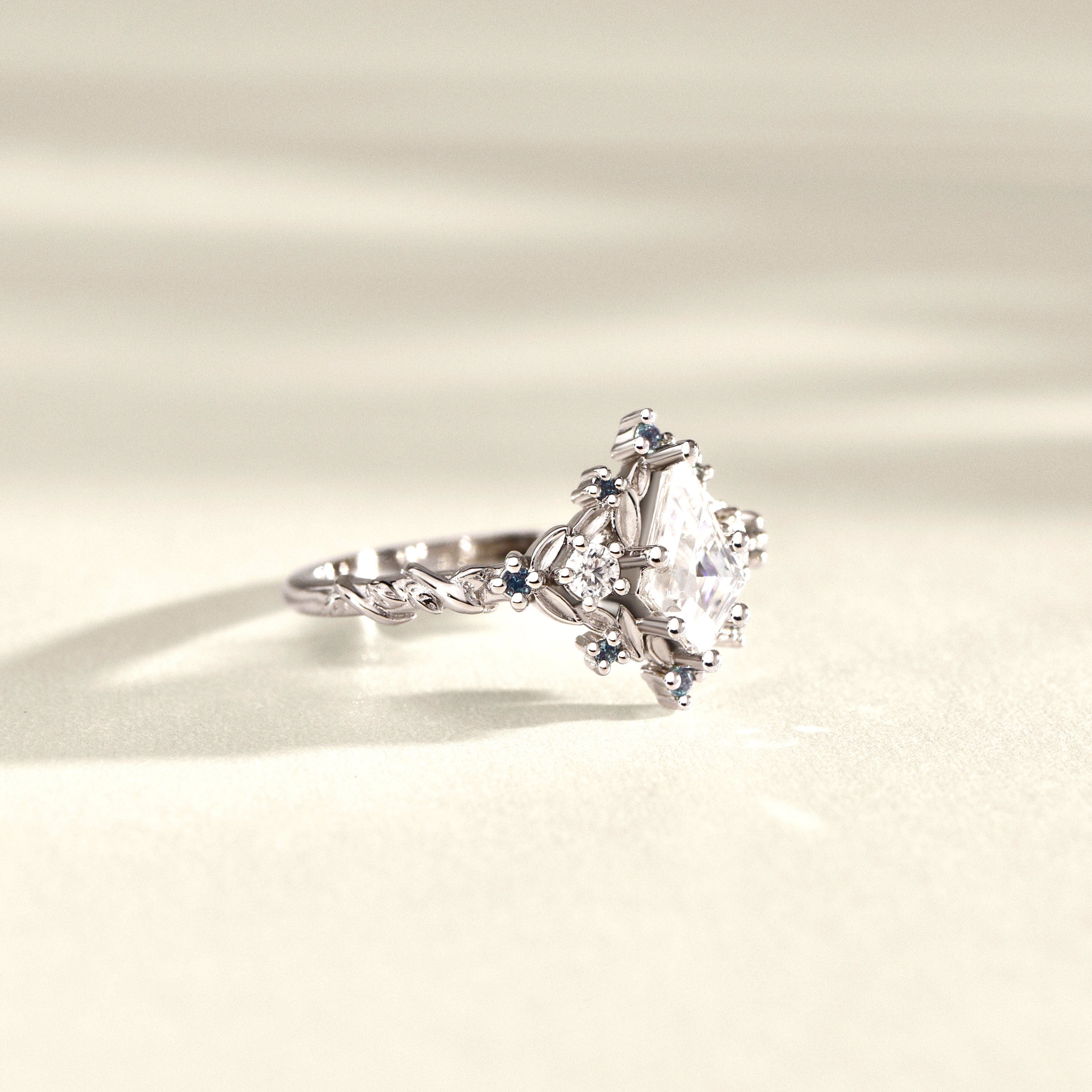 Bespoke #9172 - Custom 1ct Kite Shape Leaf & Vine Inspired Engagement Ring