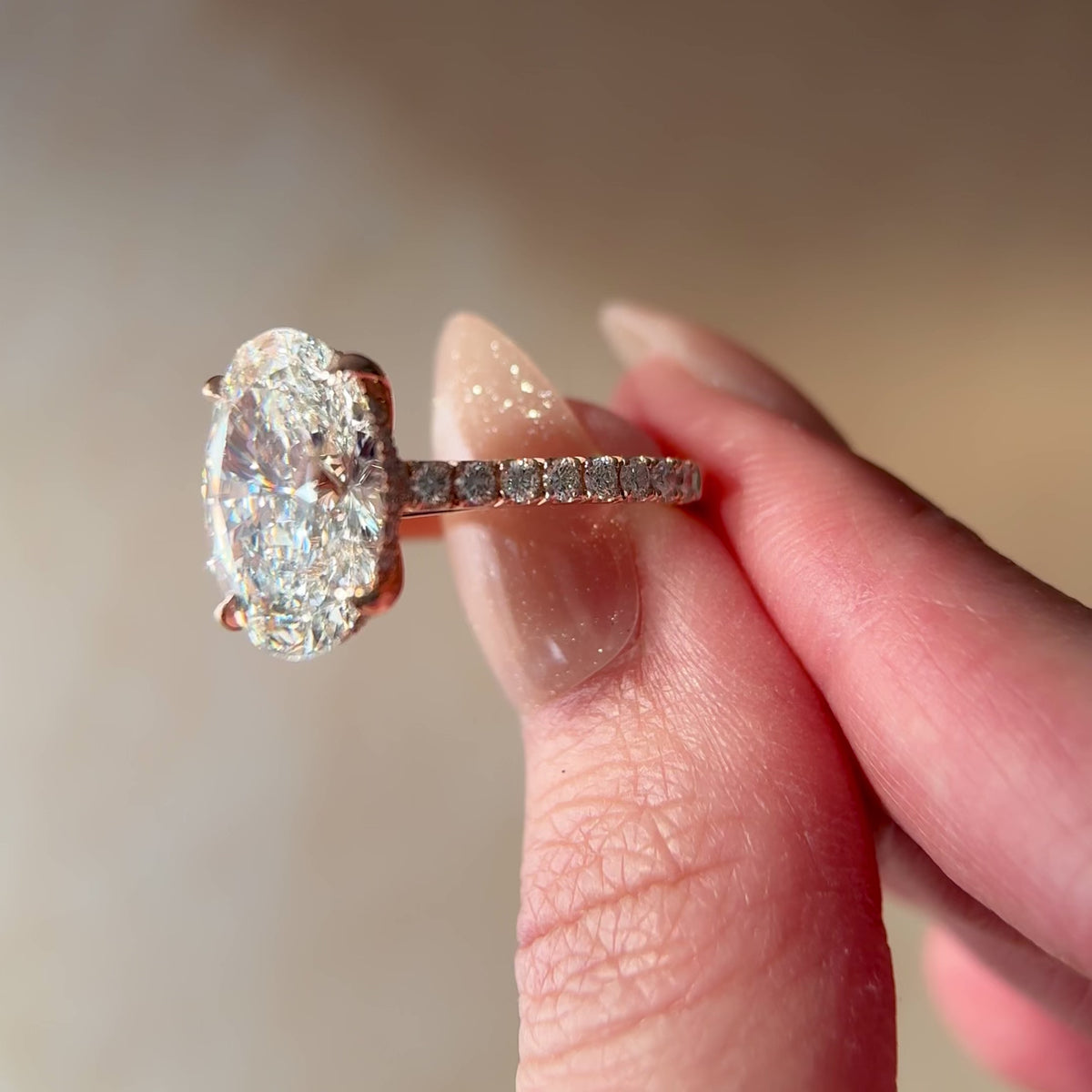 oval diamond hidden halo cathedral engagement ring
