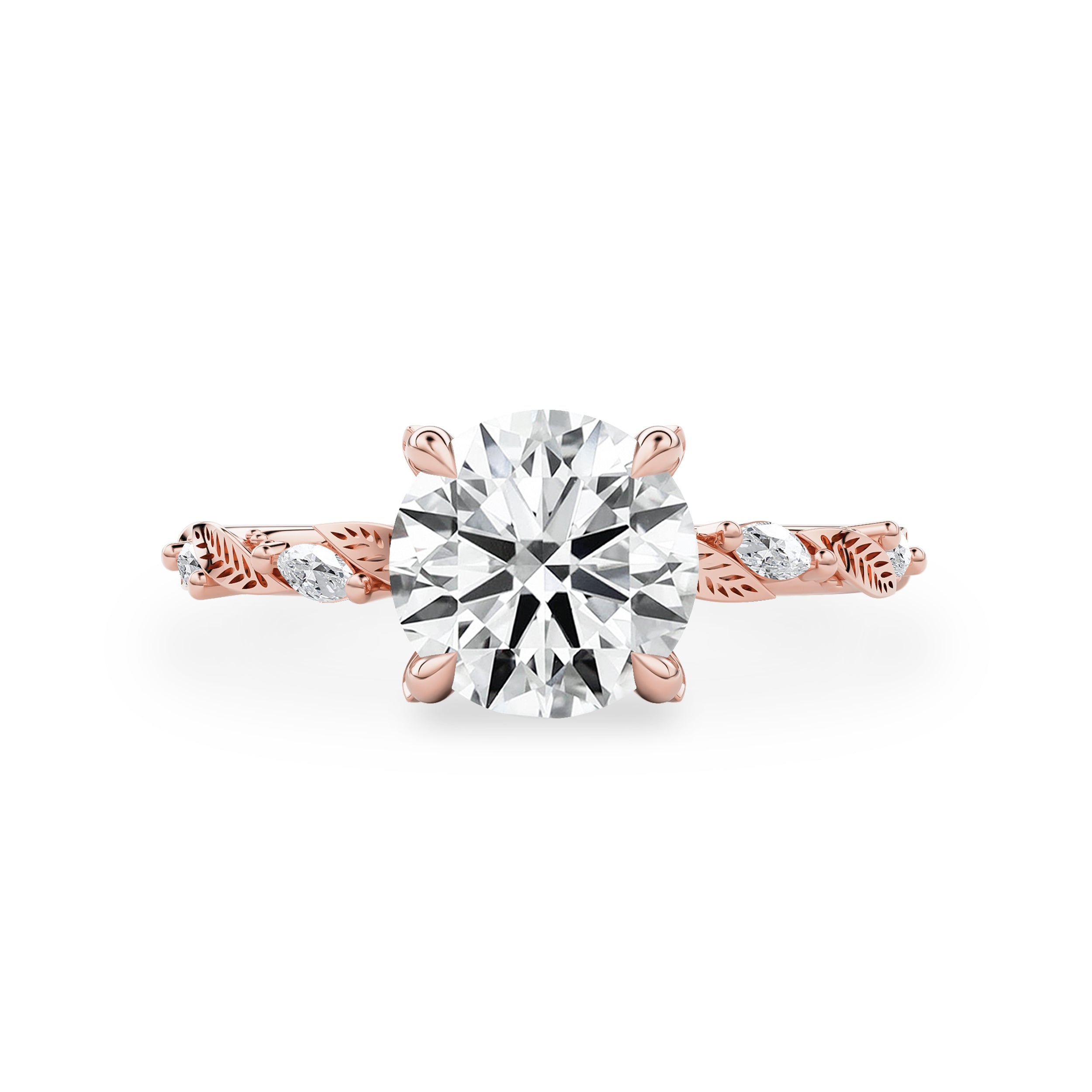 Brooke Round Leaf Prong Hidden Halo Engagement Ring, Marquise Leaf Band