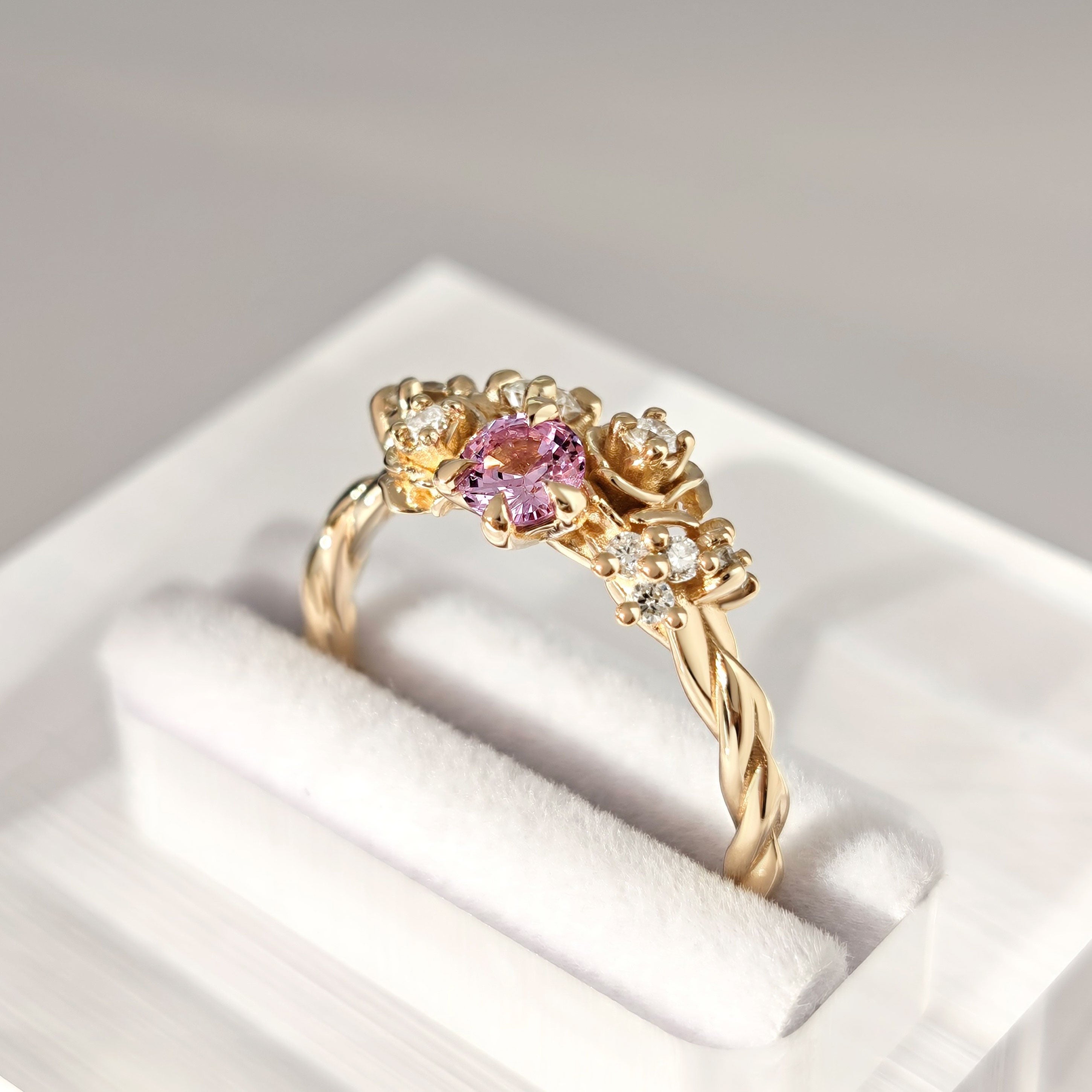 Small Rose Blossom Engagement Ring, Pink Sapphire & Natural Diamond