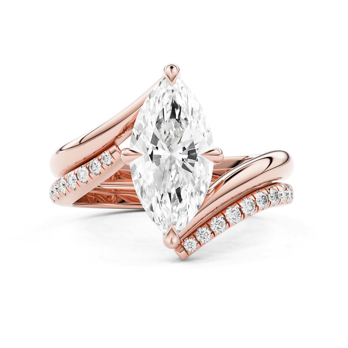 SET - Selene Marquise Cut Bypass Solitaire Engagement Ring & Pavé Band