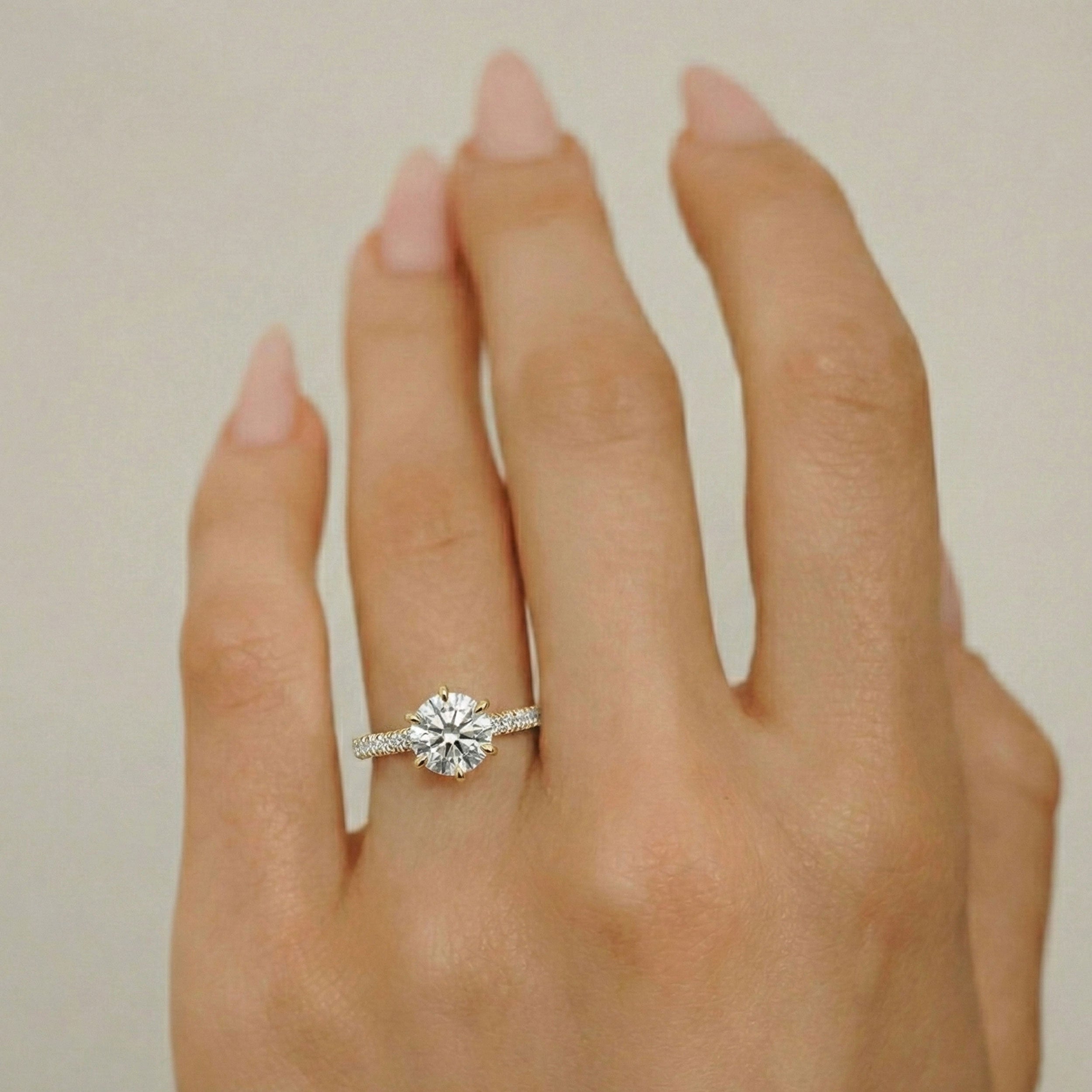 Jasmine 6 Claw Cathedral Round Engagement Ring, Moissanite/Lab Grown Diamond