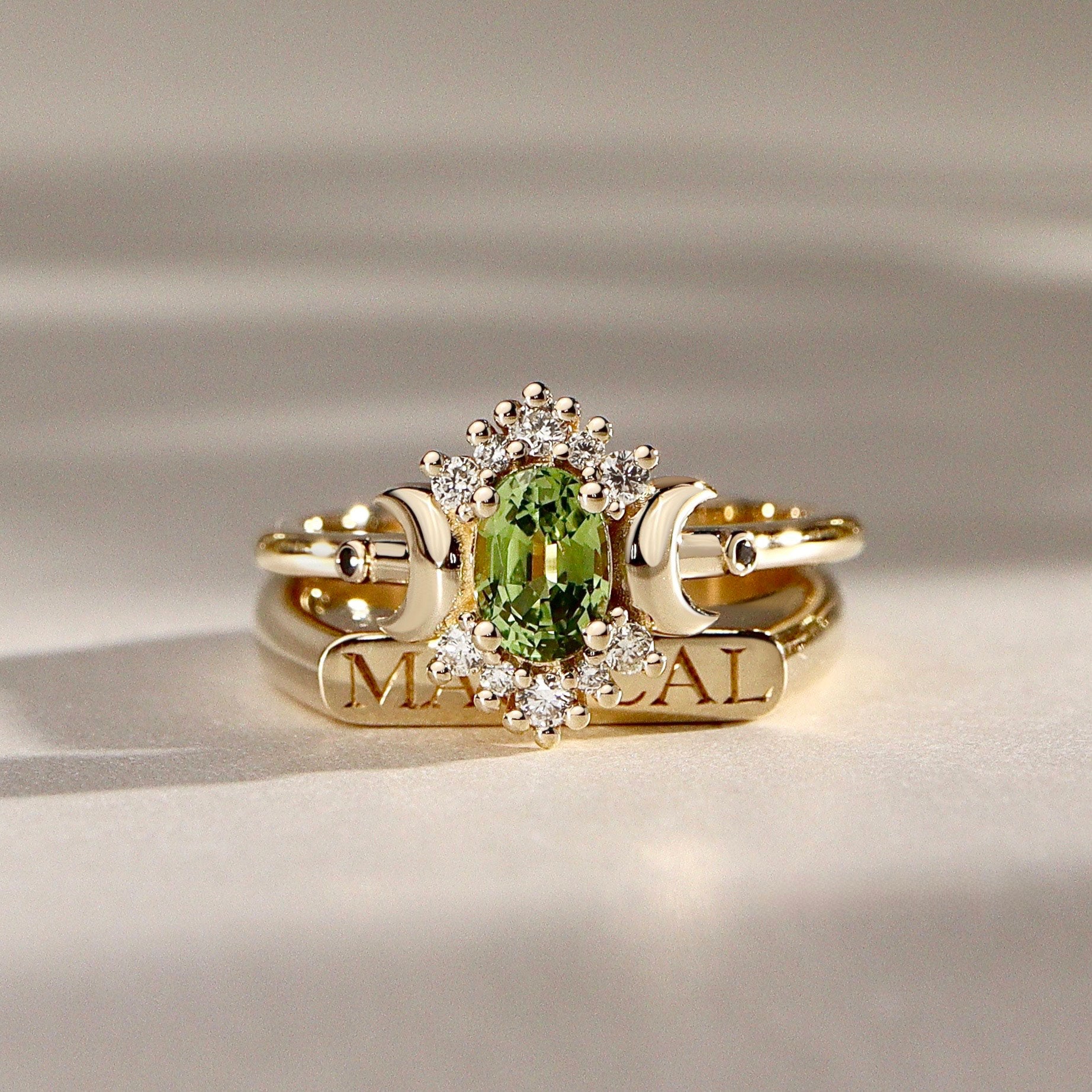 Endless Love Green Sapphire Moon Ring, Halo With Doom Moon