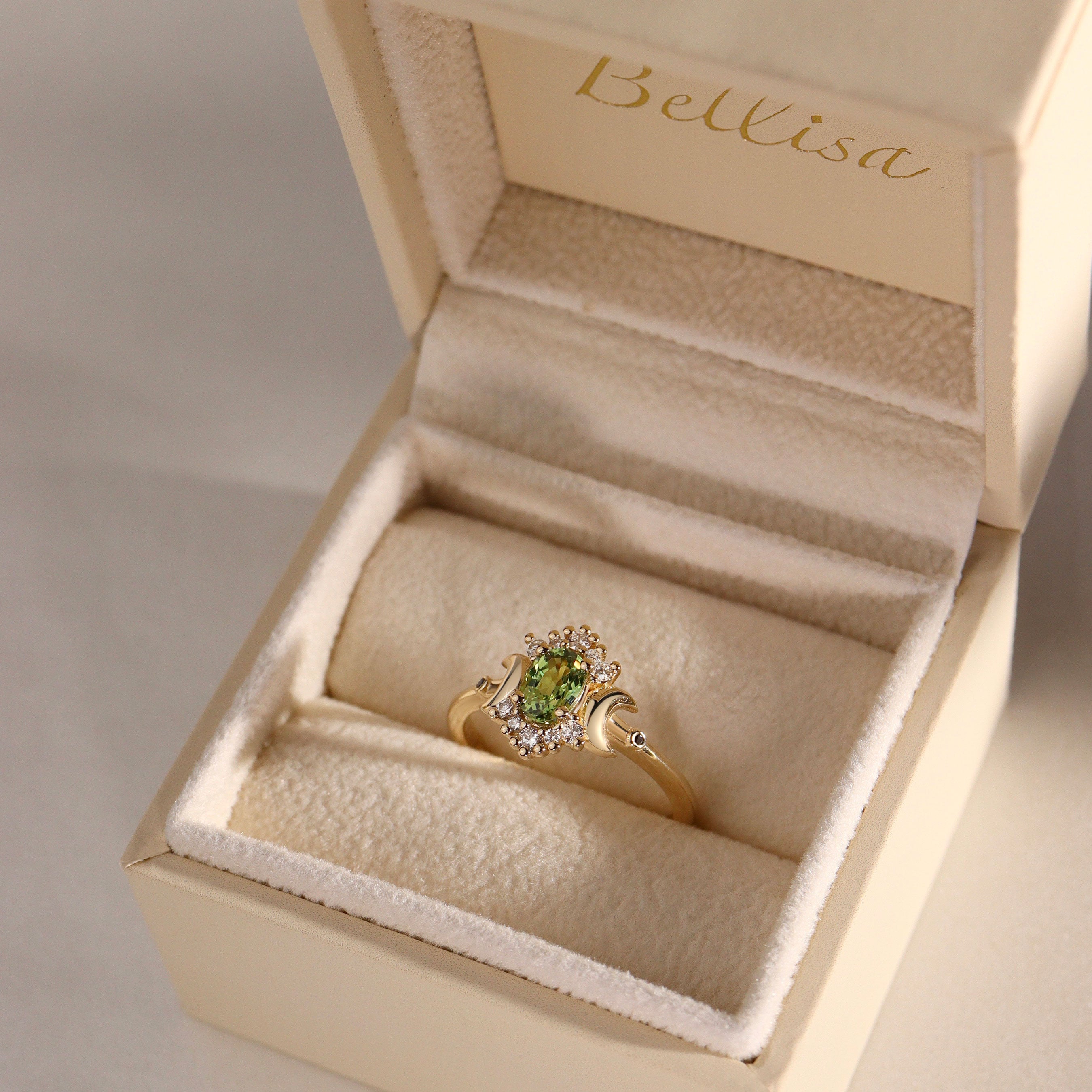 Endless Love Green Sapphire Moon Ring, Halo With Doom Moon