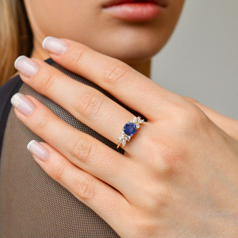 Anna's Dream Round Lab Blue Sapphire Cluster Engagement Ring