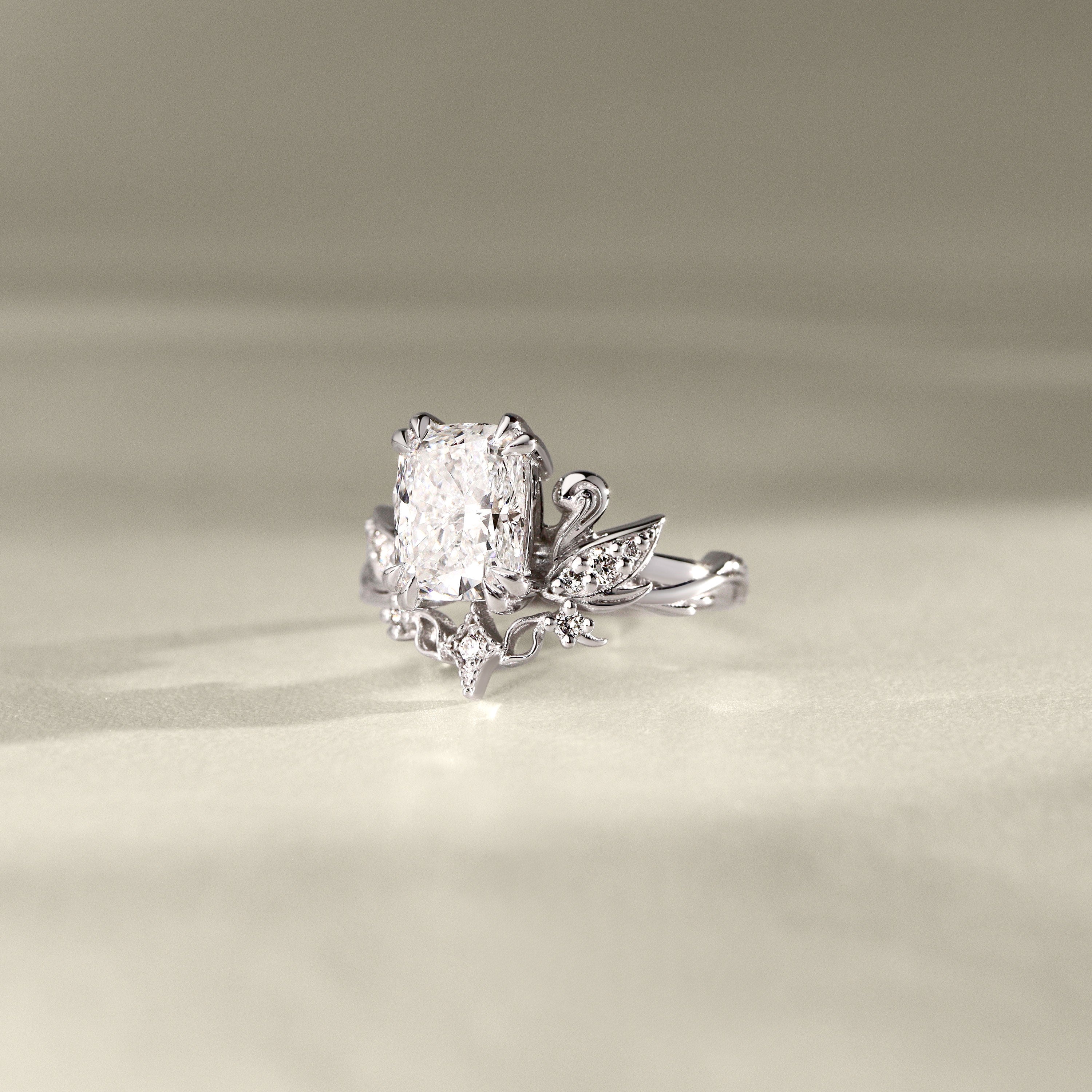 Cushion Love Swan Engagement Ring, Elongated Cushion Cut With Celestial Star