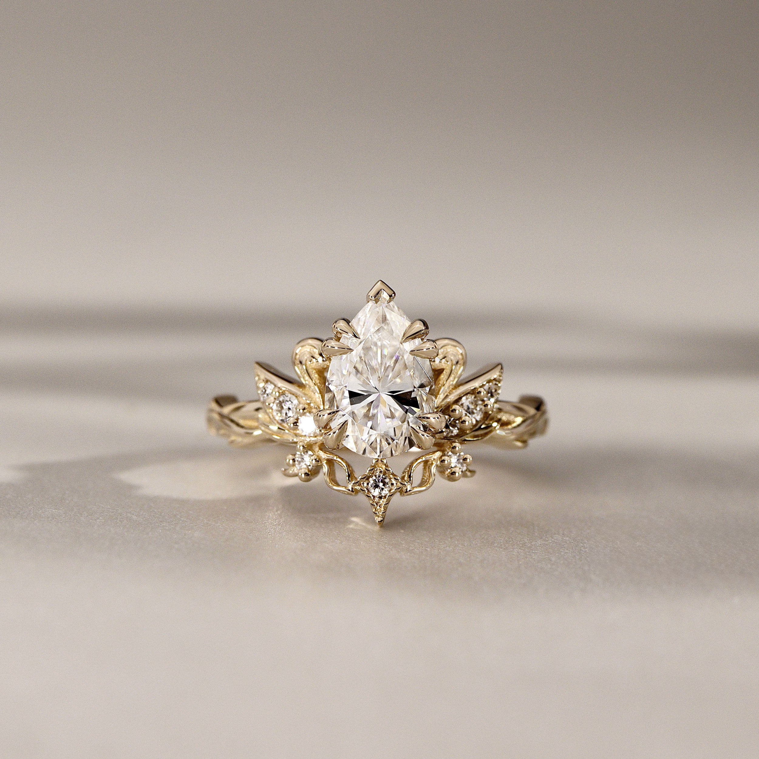 Pear Love Swan Nature Inspired Engagement Ring, Pear Cut With Celestial Star