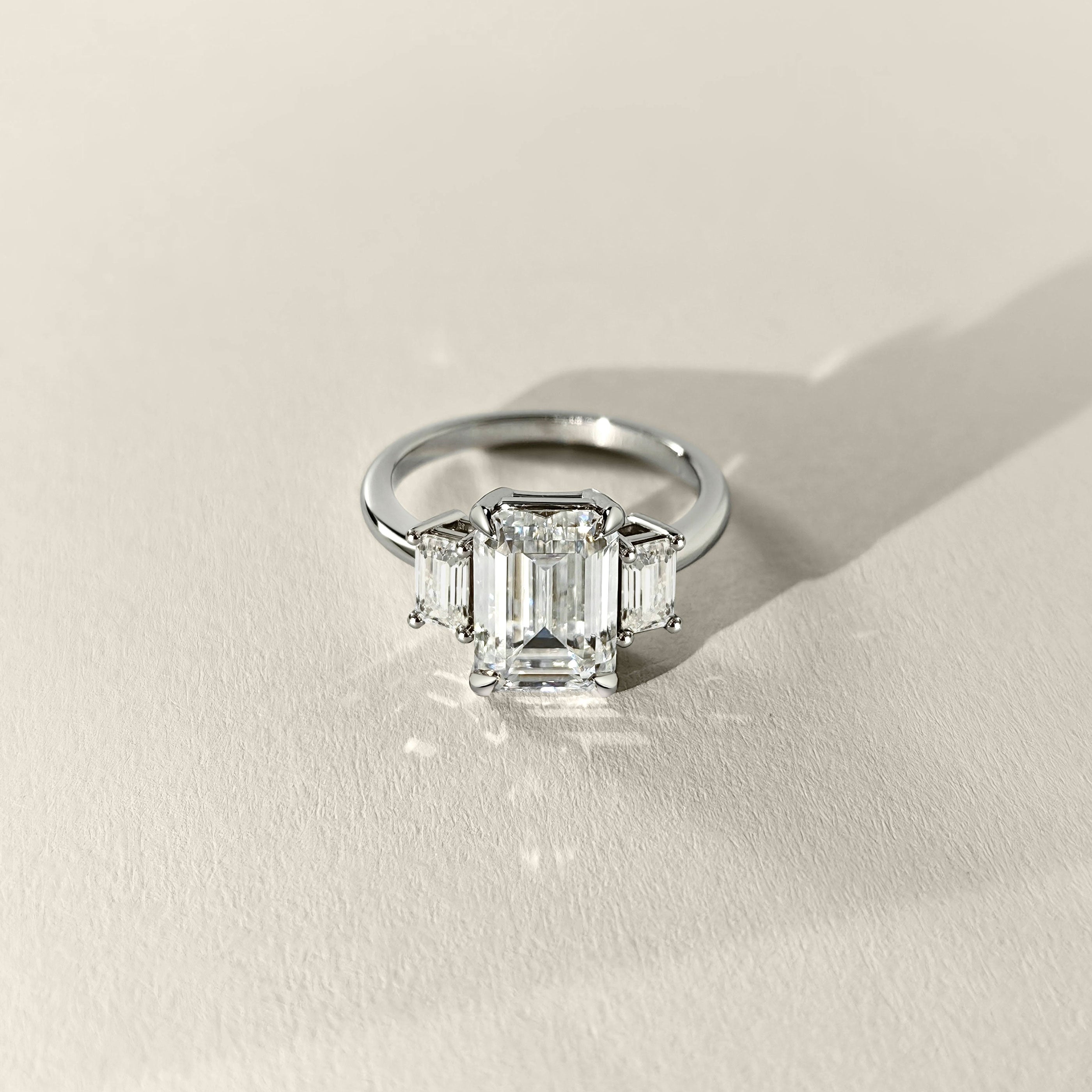 Evelyn Emerald Cut Three Stone Engagement Ring, Low Set