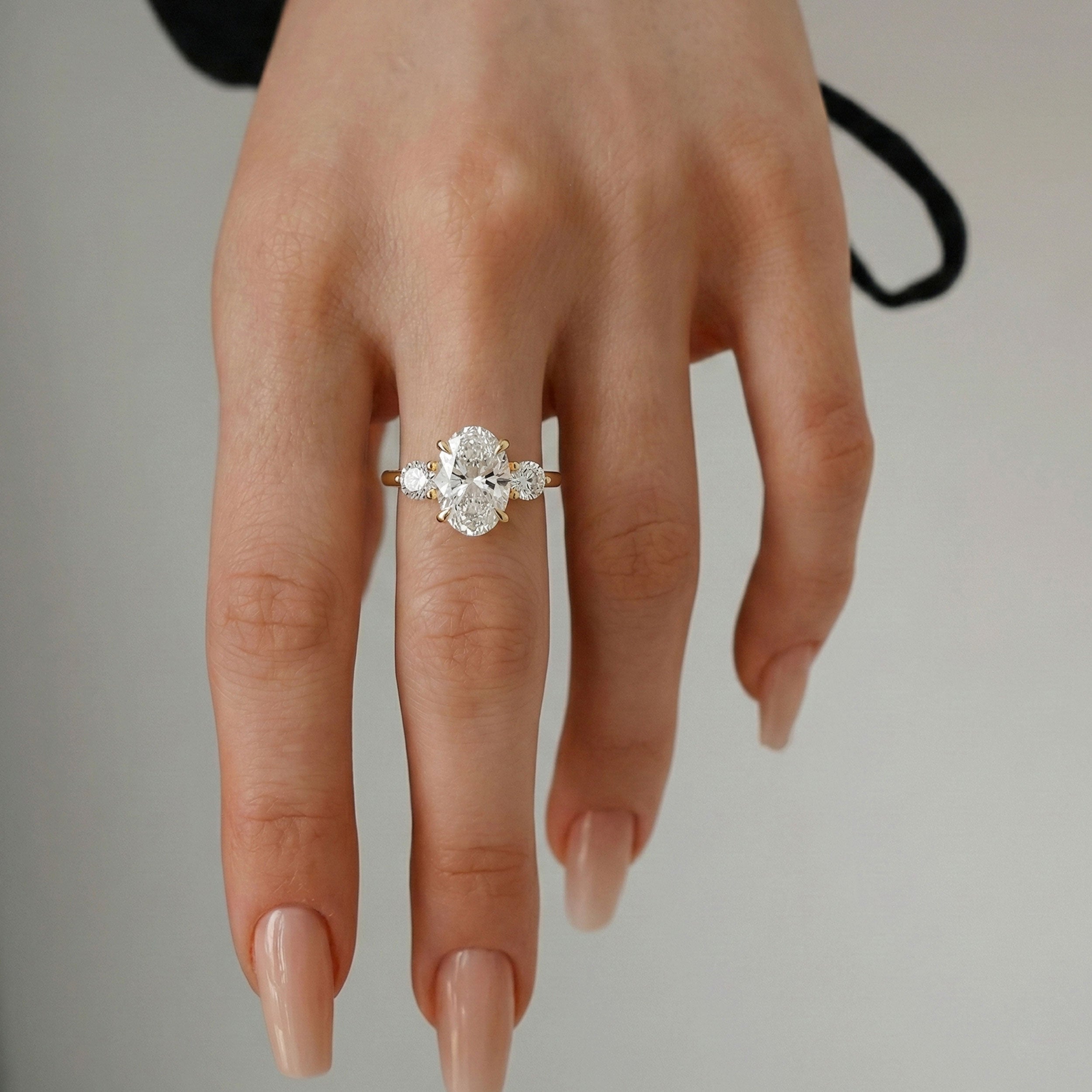 Olivia Three Stone Engagement Ring, Oval with Round Brilliant