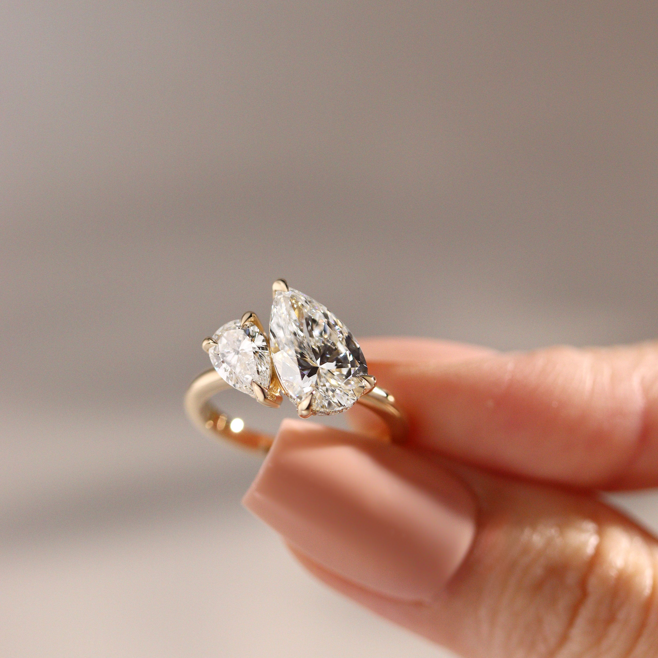 Bespoke #9178 - Custom Pear Lab Diamond Toi et Moi Engagement Ring, Hidden Halo