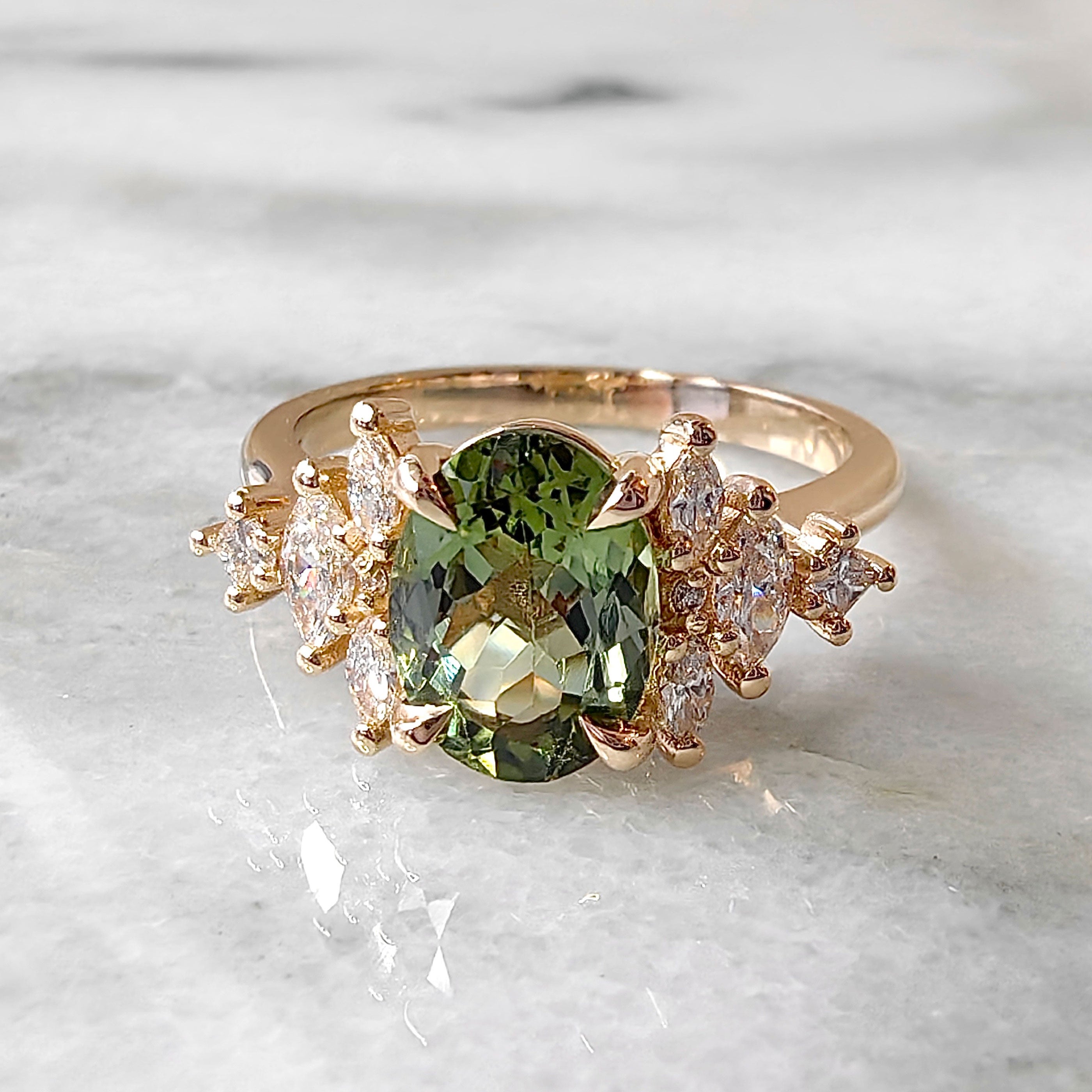 Bespoke #9150 - Oval Green Tourmaline Marquise Accent Engagement Ring