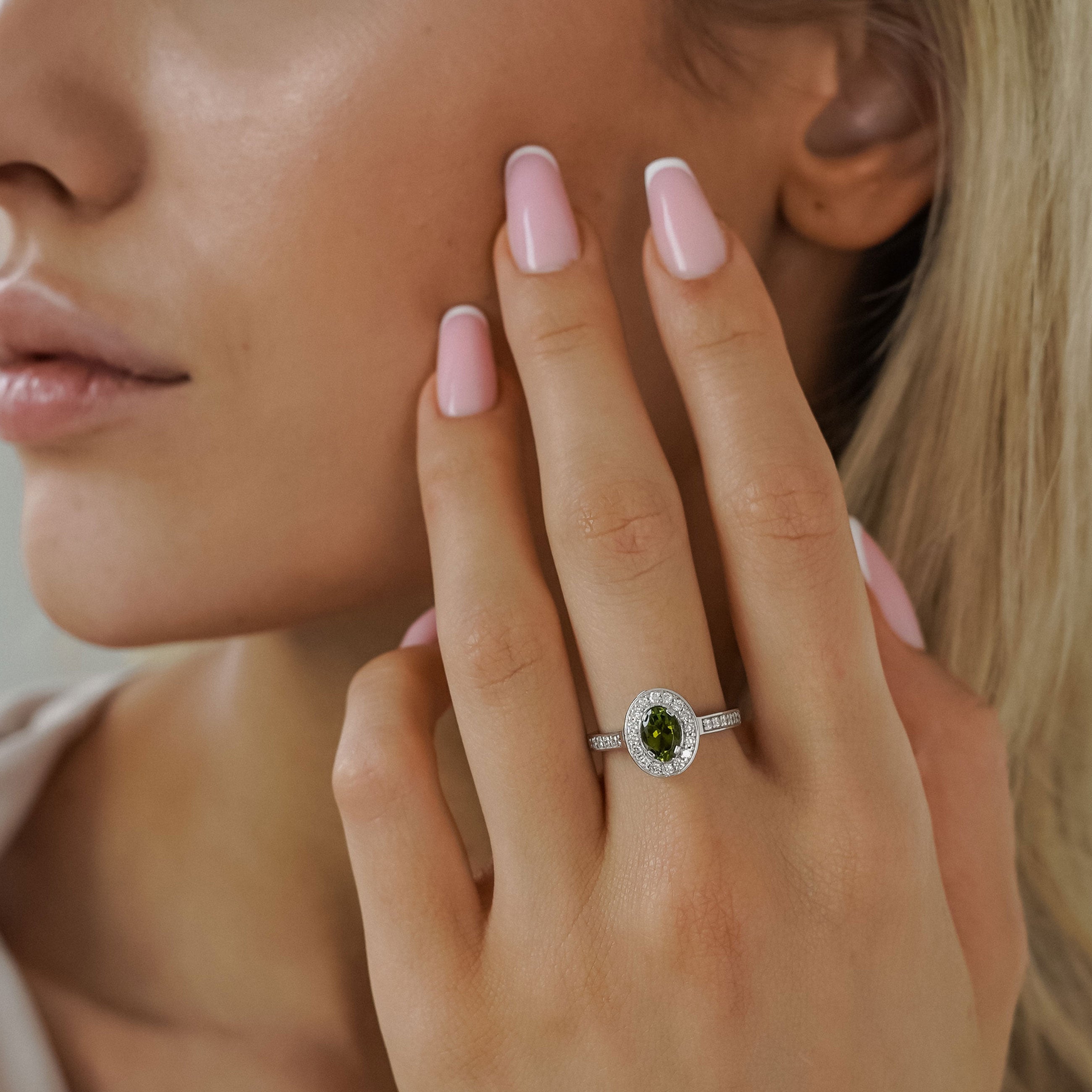 Micropave Sparkling Halo Engagement Ring, Green Tourmaline & Diamonds