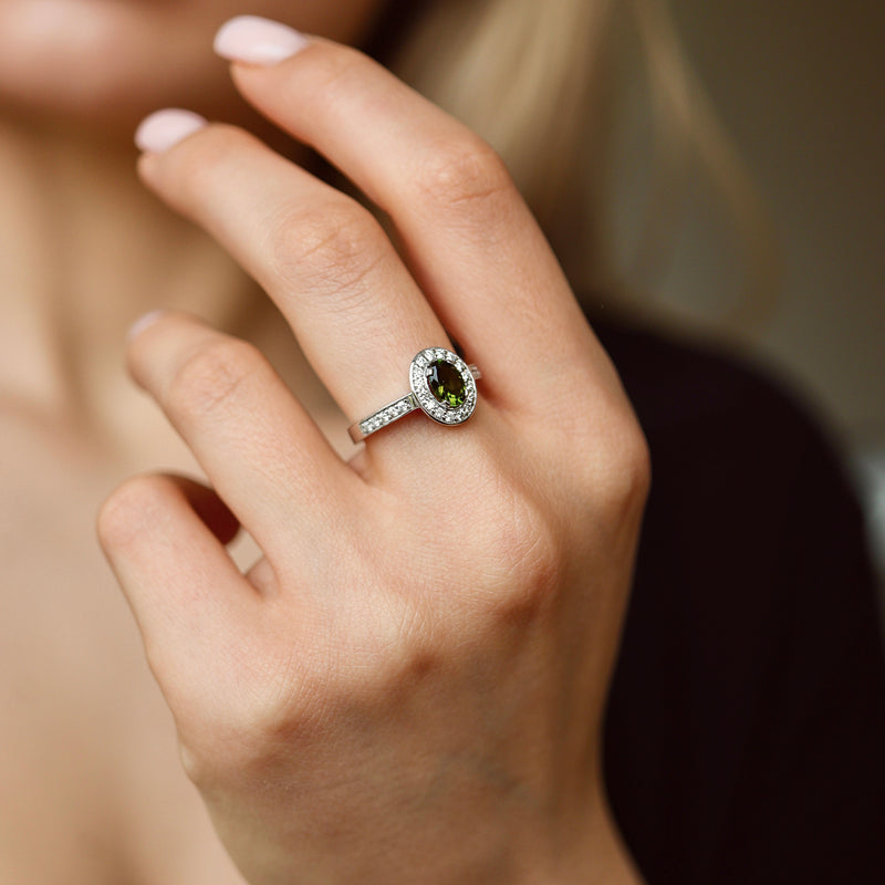 Micropave Halo Tourmaline Diamond Engagement Ring
