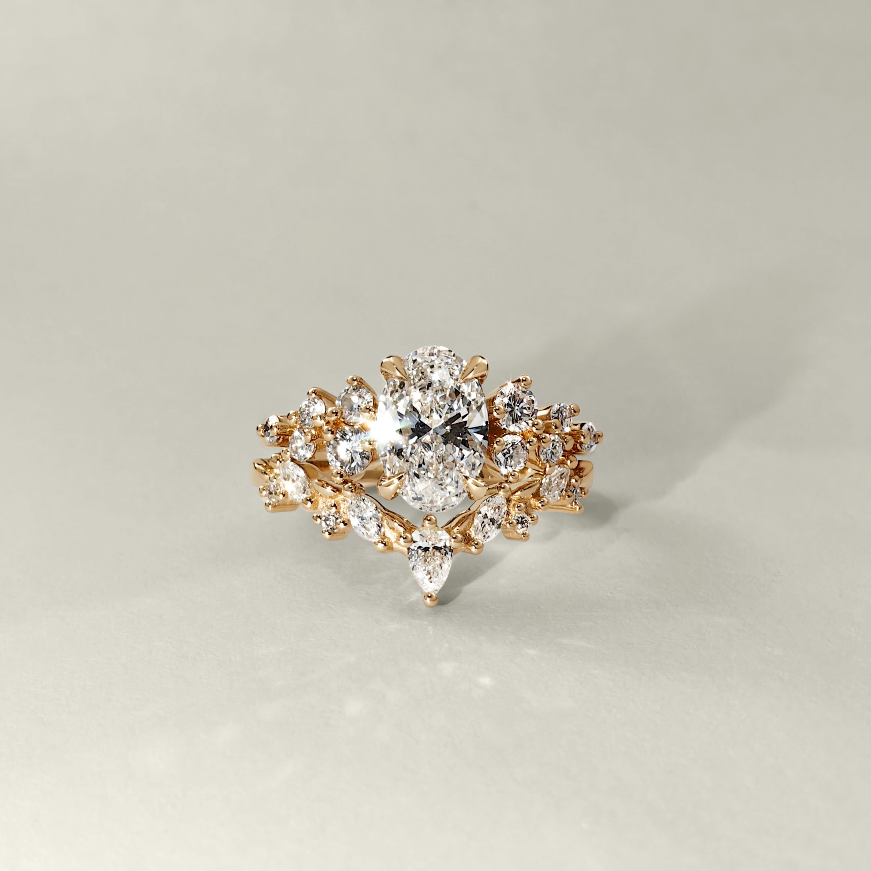 Curved Leaf Art Deco V Half Eternity Ring, Pear With Round