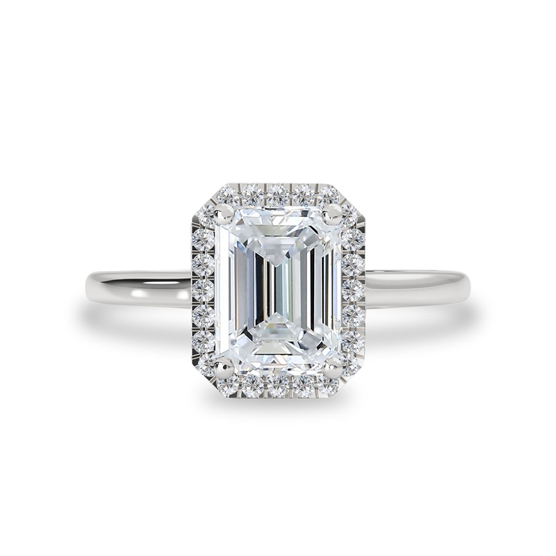 Eva Halo Engagement Ring, Emerald Cut With Cathedral