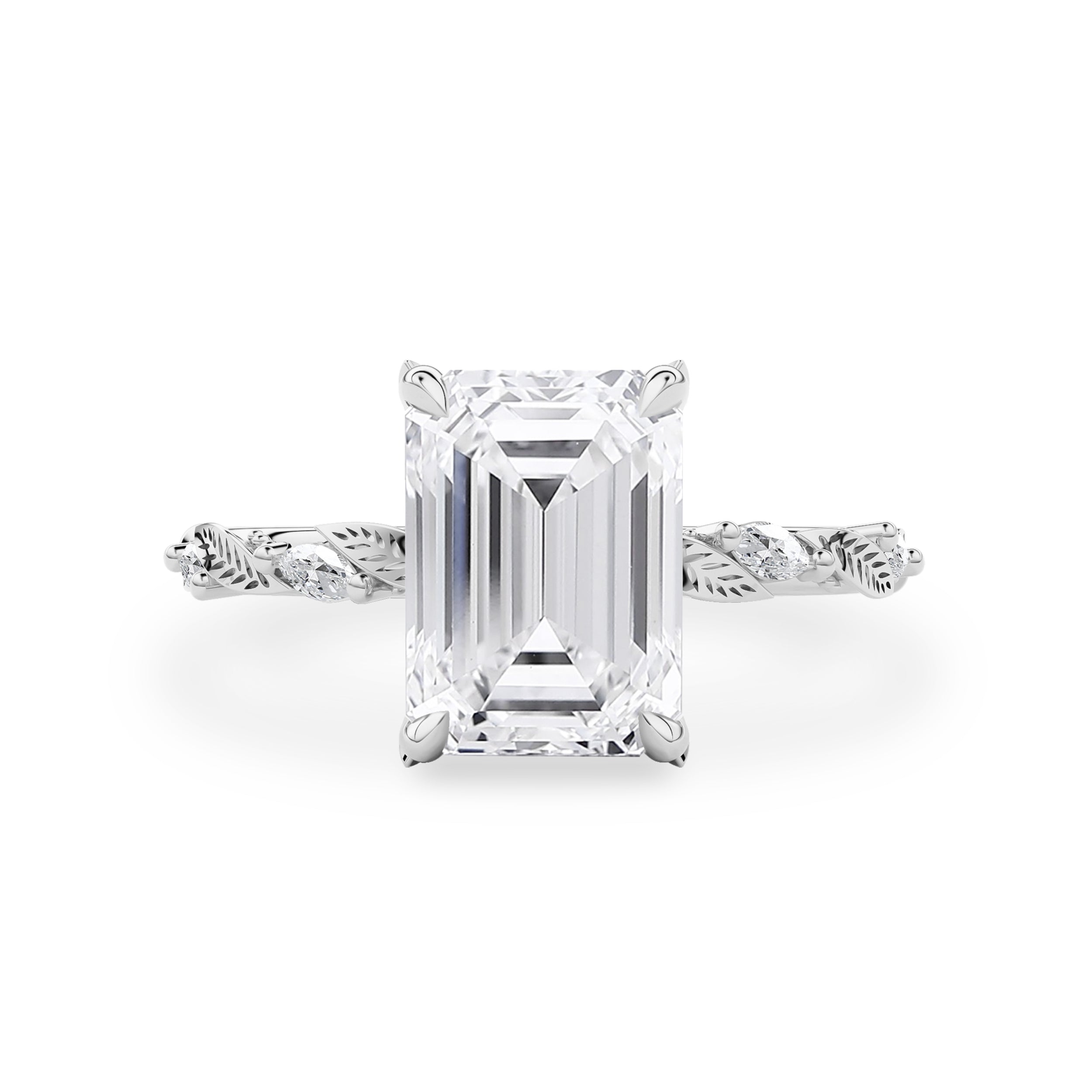 Brooke Emerald Leaf Prong Hidden Halo Engagement Ring, Marquise Leaf Band