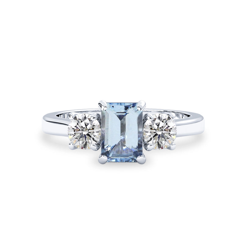 aquamarine three stone engagement ring in white gold